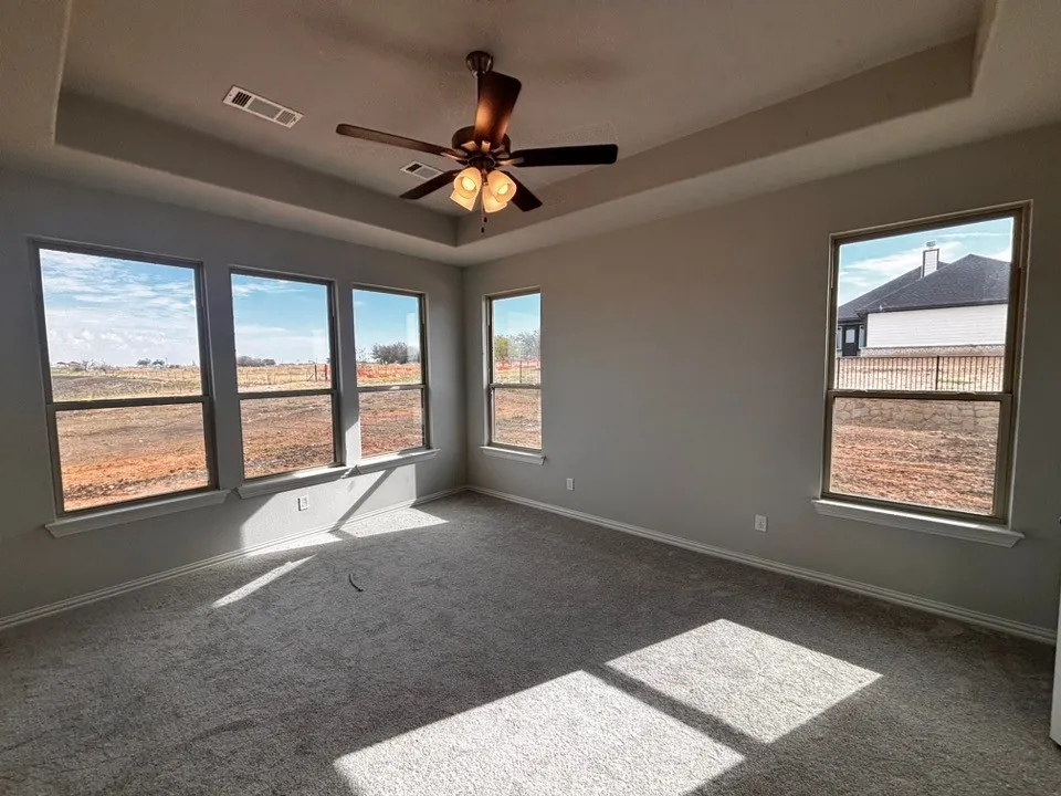 Tray ceiling with a ceiling fan, multiple windows, and light gray wall paint