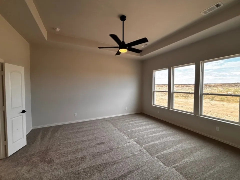 Tray ceiling with a black ceiling fan, three large windows, neutral-toned carpeting, and a white interior door with dark hardware