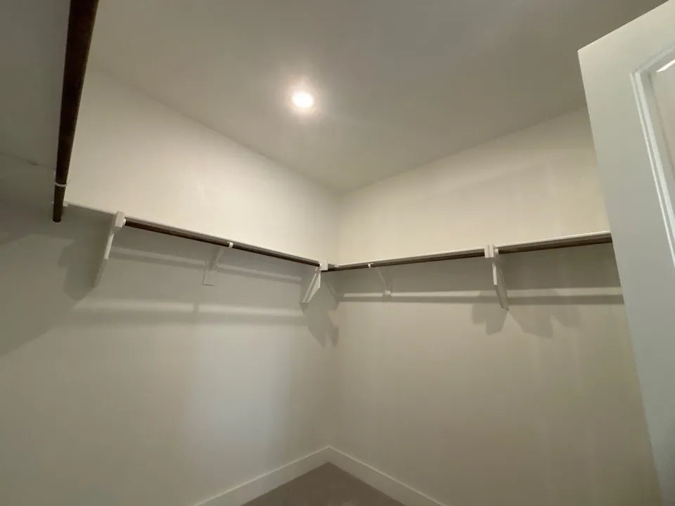 Recessed ceiling light, carpeted flooring, white walls, built-in shelving, and clothes rods