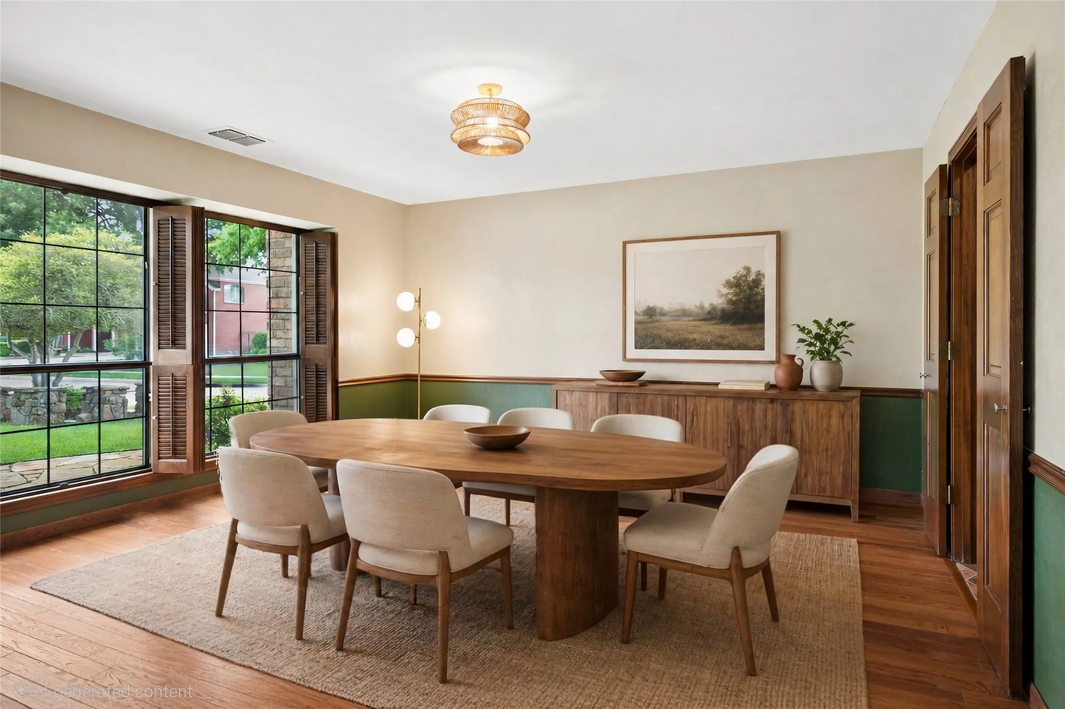 Formal dining room boasts rich hardwood floors and excellent view of the landscaped front yard (virtually staged).