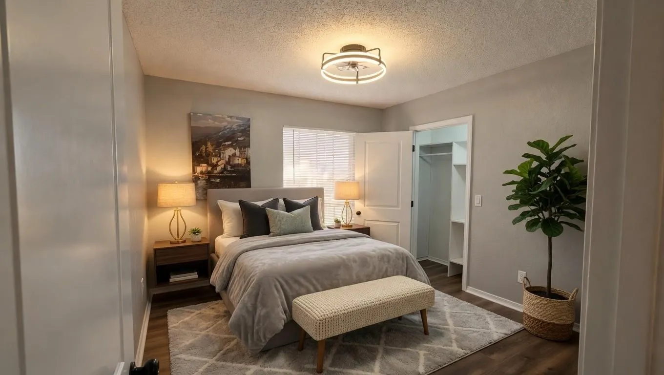 Wood-finish flooring, built-in closet shelving, and a modern ceiling light fixture