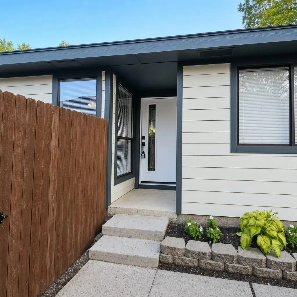 Entryway featuring a white door with vertical glass insert, concrete steps, and a retaining wall with landscaping
