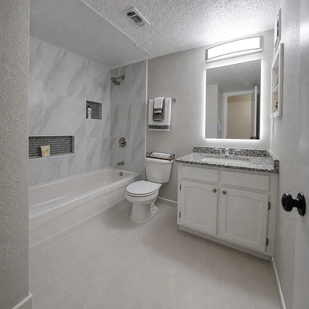 Full bathroom featuring a white vanity with a light-toned countertop, a back-lit mirror, and a white bathtub with tile surround