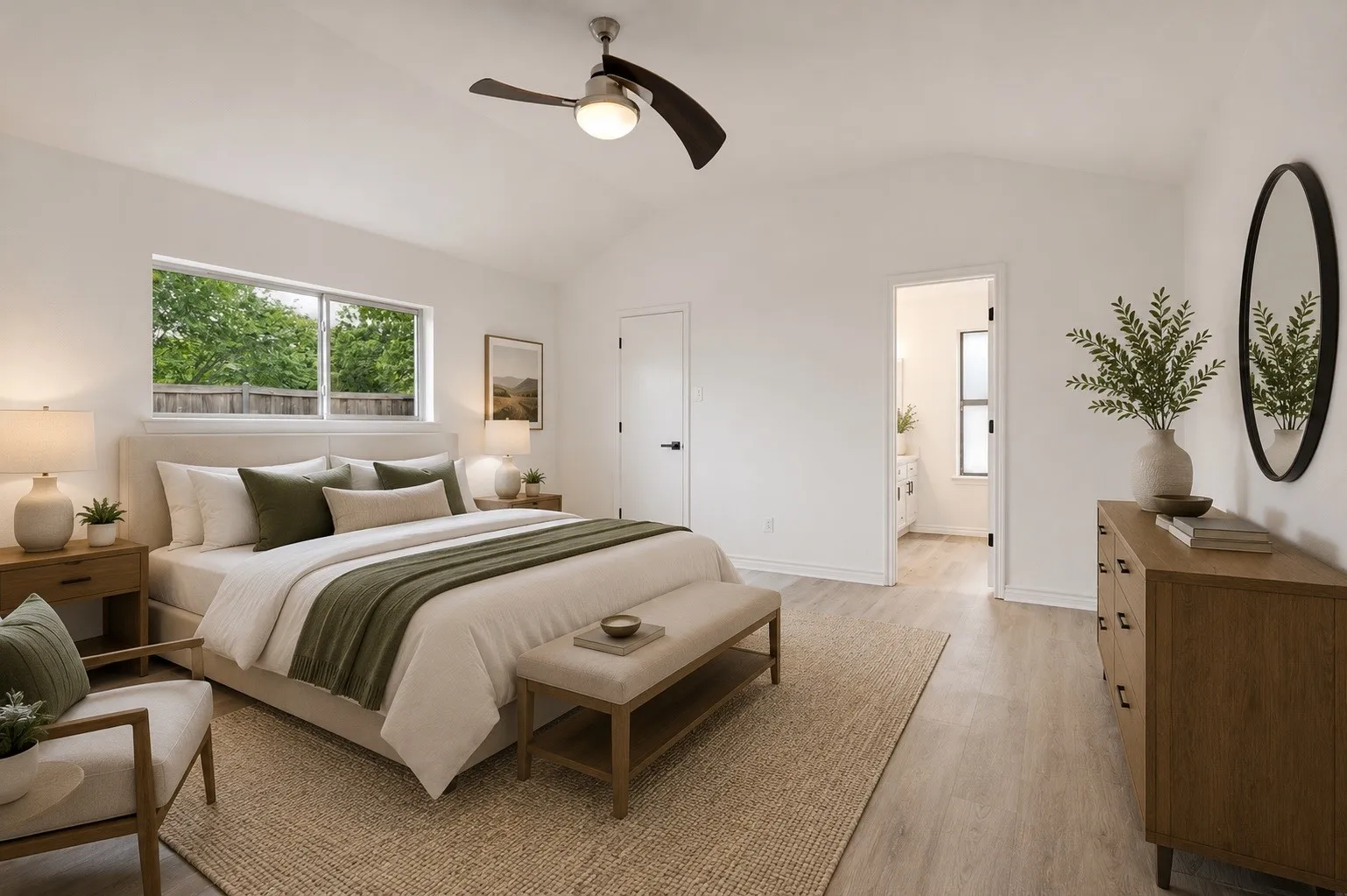 Vaulted ceiling with a ceiling fan, recessed window, wood-finish flooring, and white walls