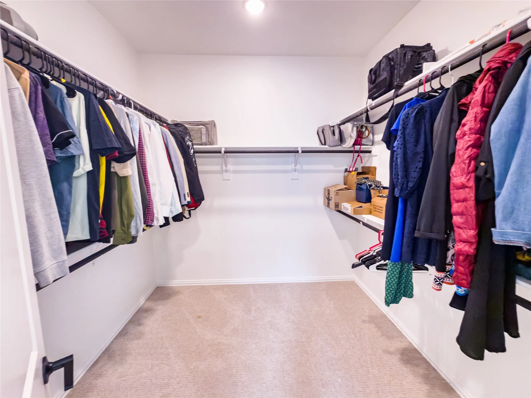 Walk in closet with light carpet