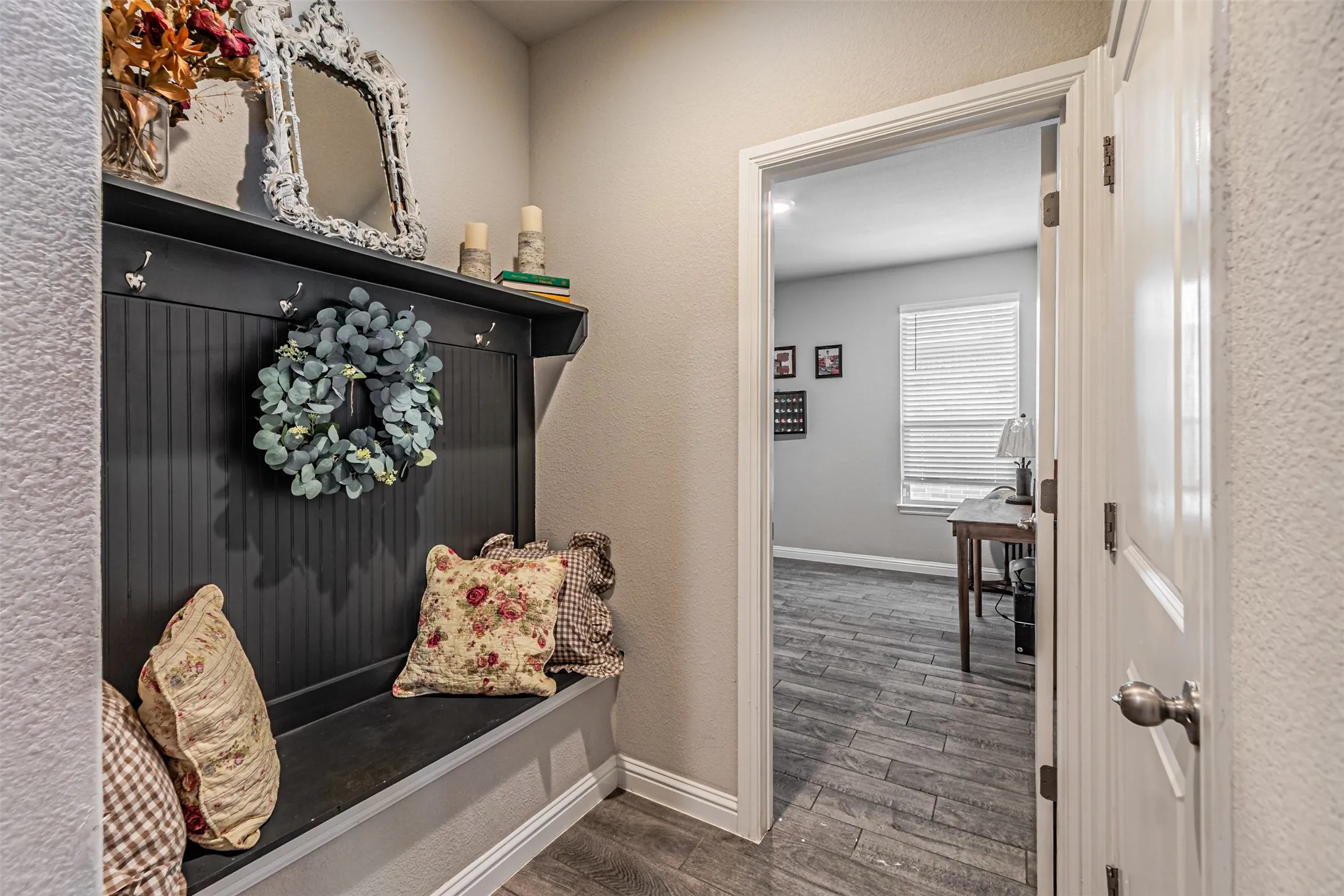 Built-in hall tree with beadboard detailing and integrated seating