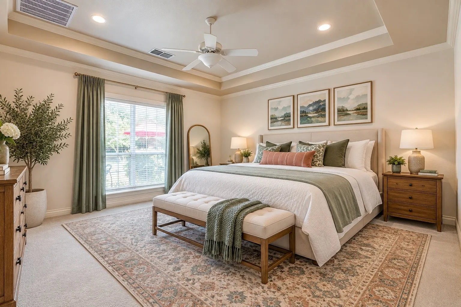 Virtually staged: The primary bedroom is tucked away on the first floor and loads of room!