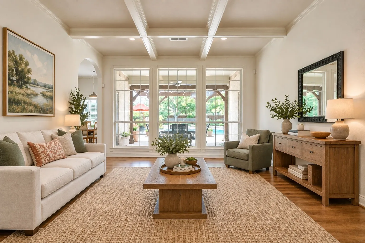 Virtually staged: This is main room you see when you walk in the front door! Gorgeous views to the pool!