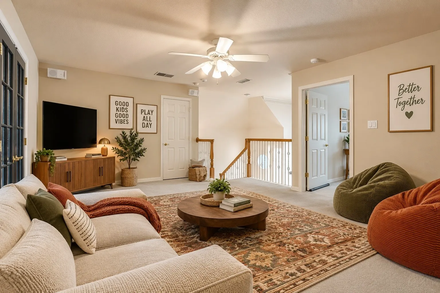 Virtually staged: Landing at top of stairs that can be used as a living space or playroom or whatever you need!