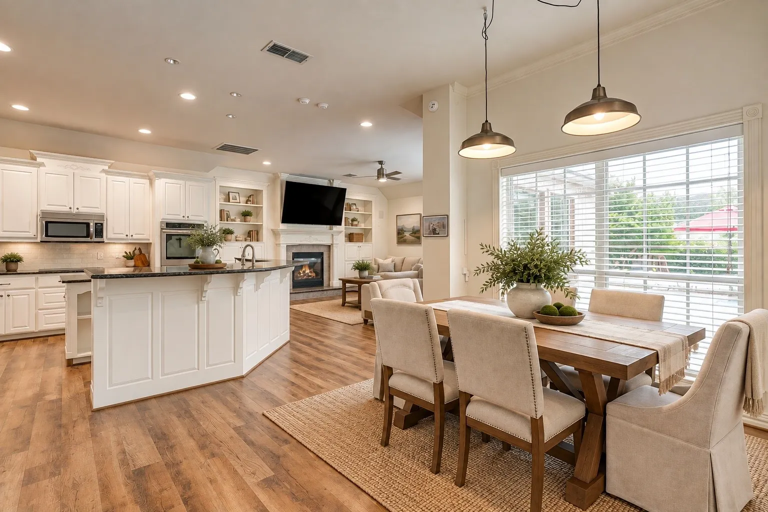 Virtually staged:Kitchen, breakfast area and den layout is awesome for gatherings