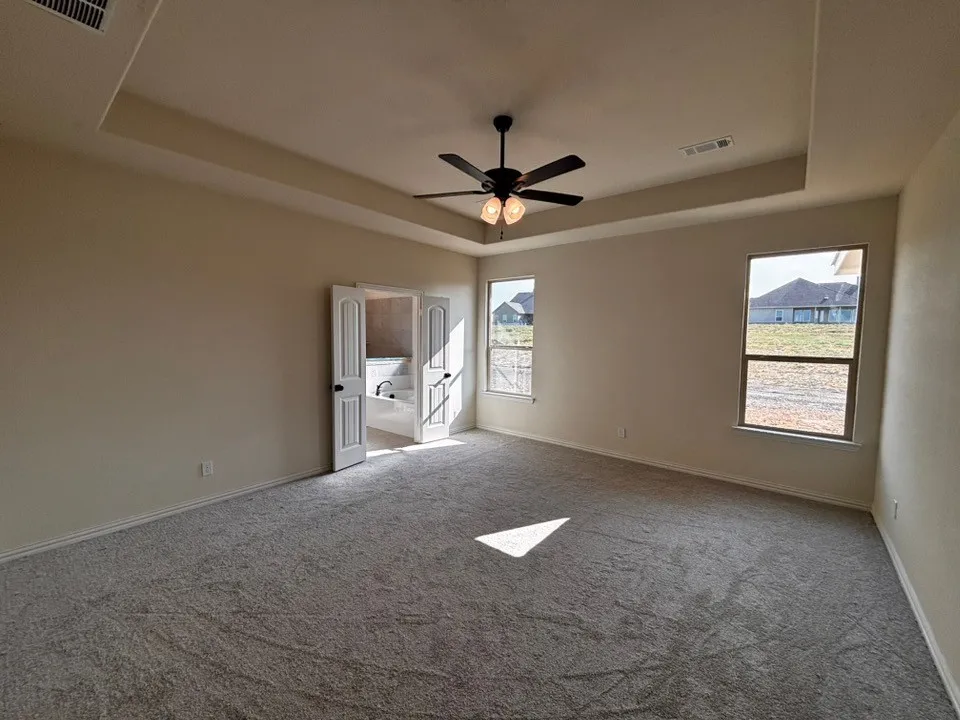 Recessed ceiling with a dark-toned ceiling fan, dual windows, and light-toned walls, featuring a carpeted floor