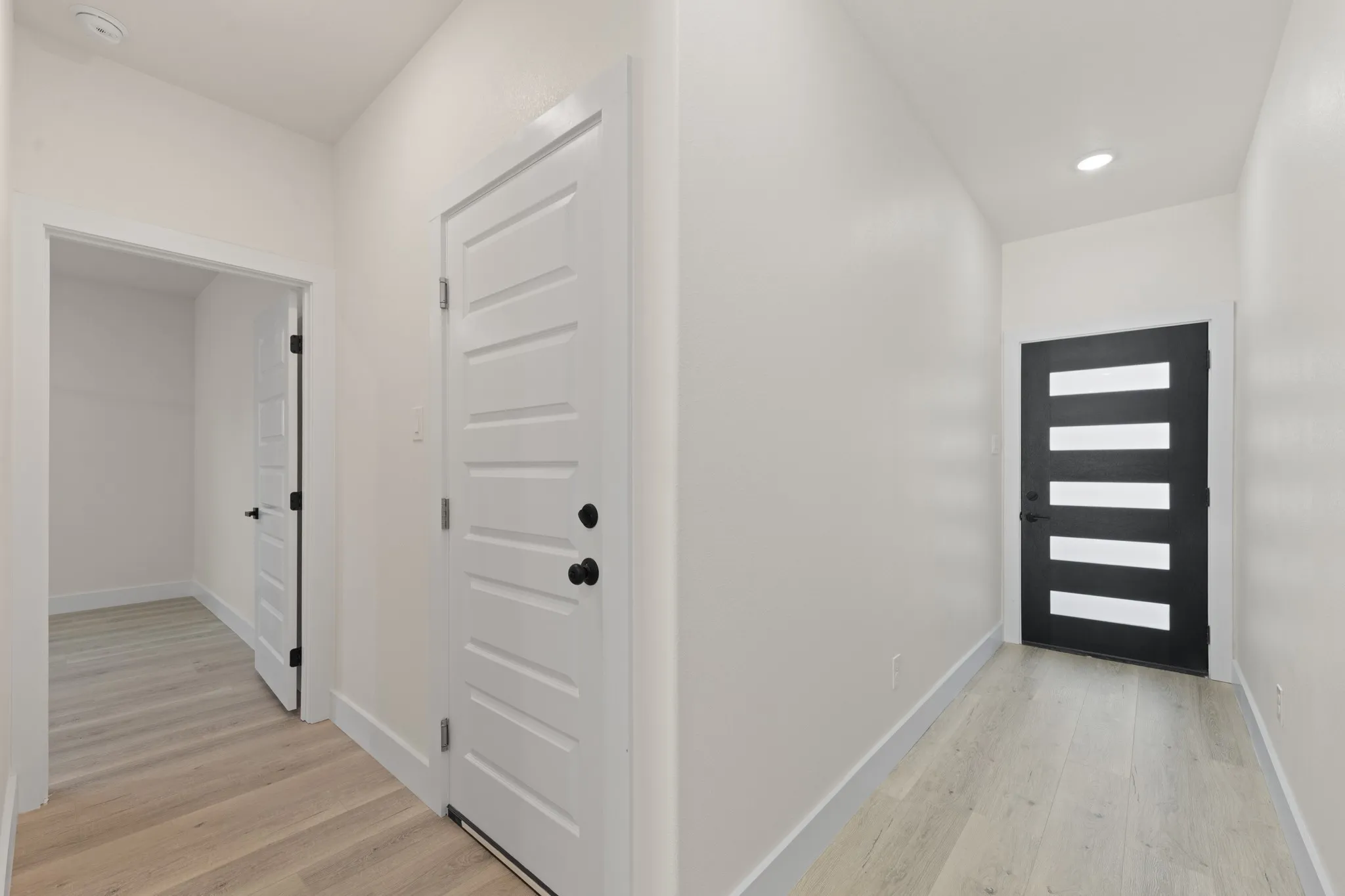 Light wood-finish flooring with a contemporary black entry door featuring horizontal lite opaque glass.