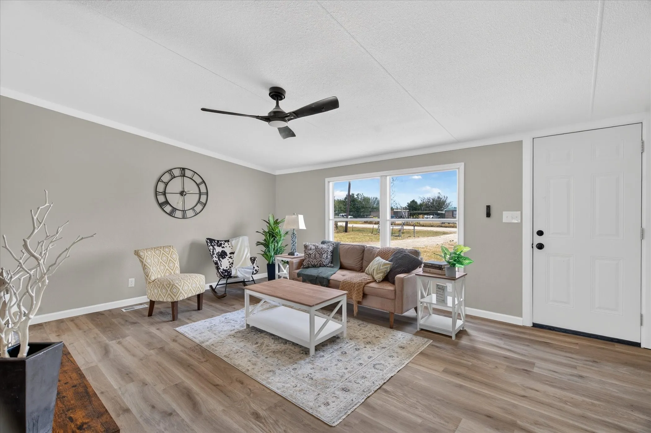 Wood-finish flooring throughout the living space