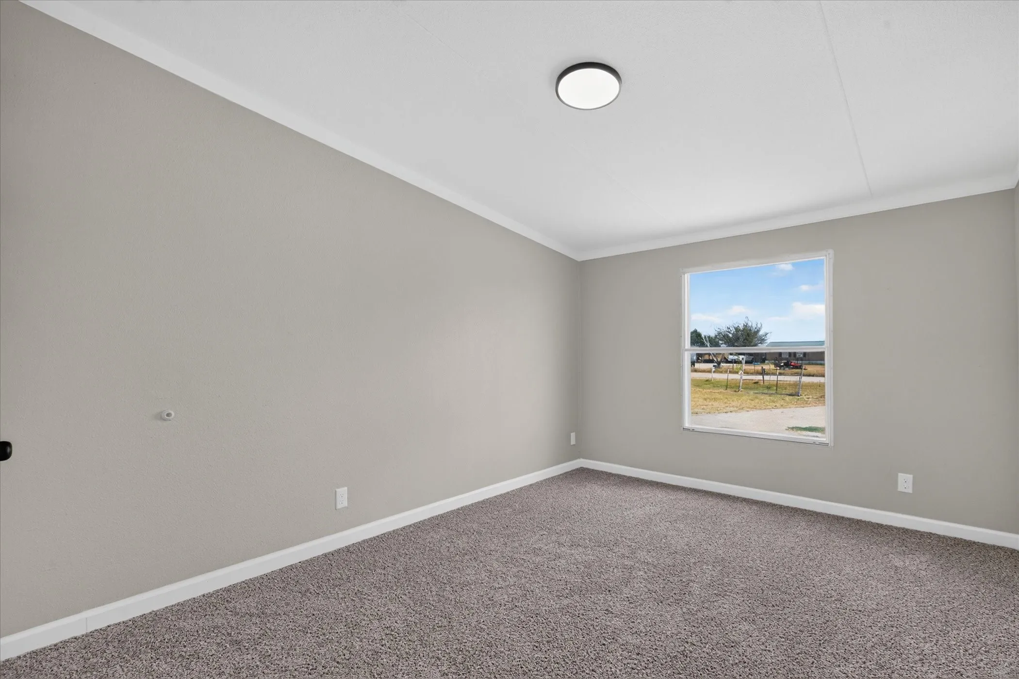 Neutral-toned walls, gray carpeting, and a flush-mount ceiling light