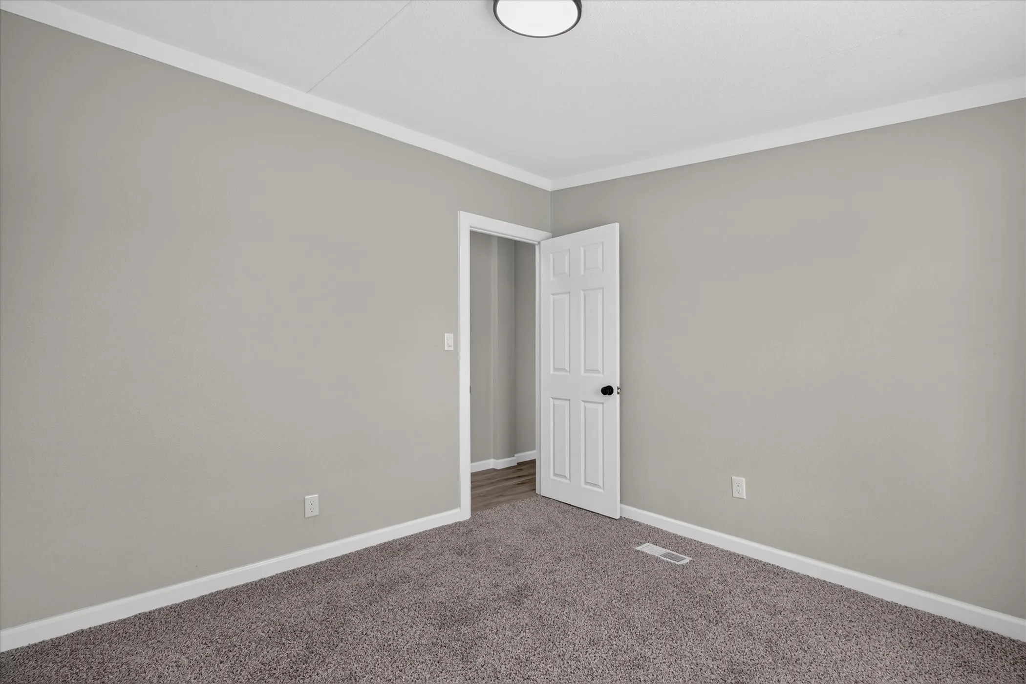 Gray wall paint, white trim, gray carpet flooring, white paneled door, and a flush mount light fixture