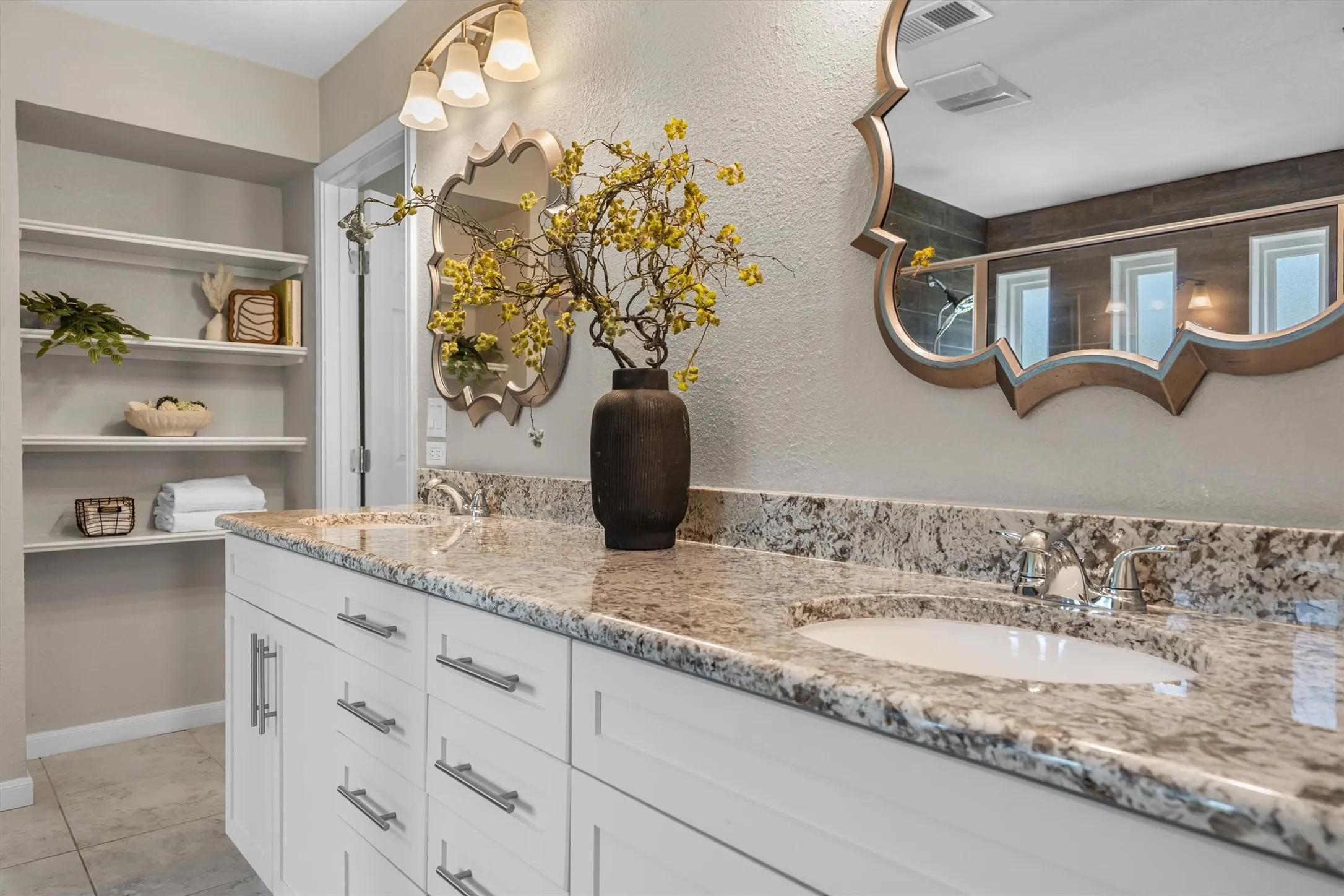Double Sinks and Storage Shelves