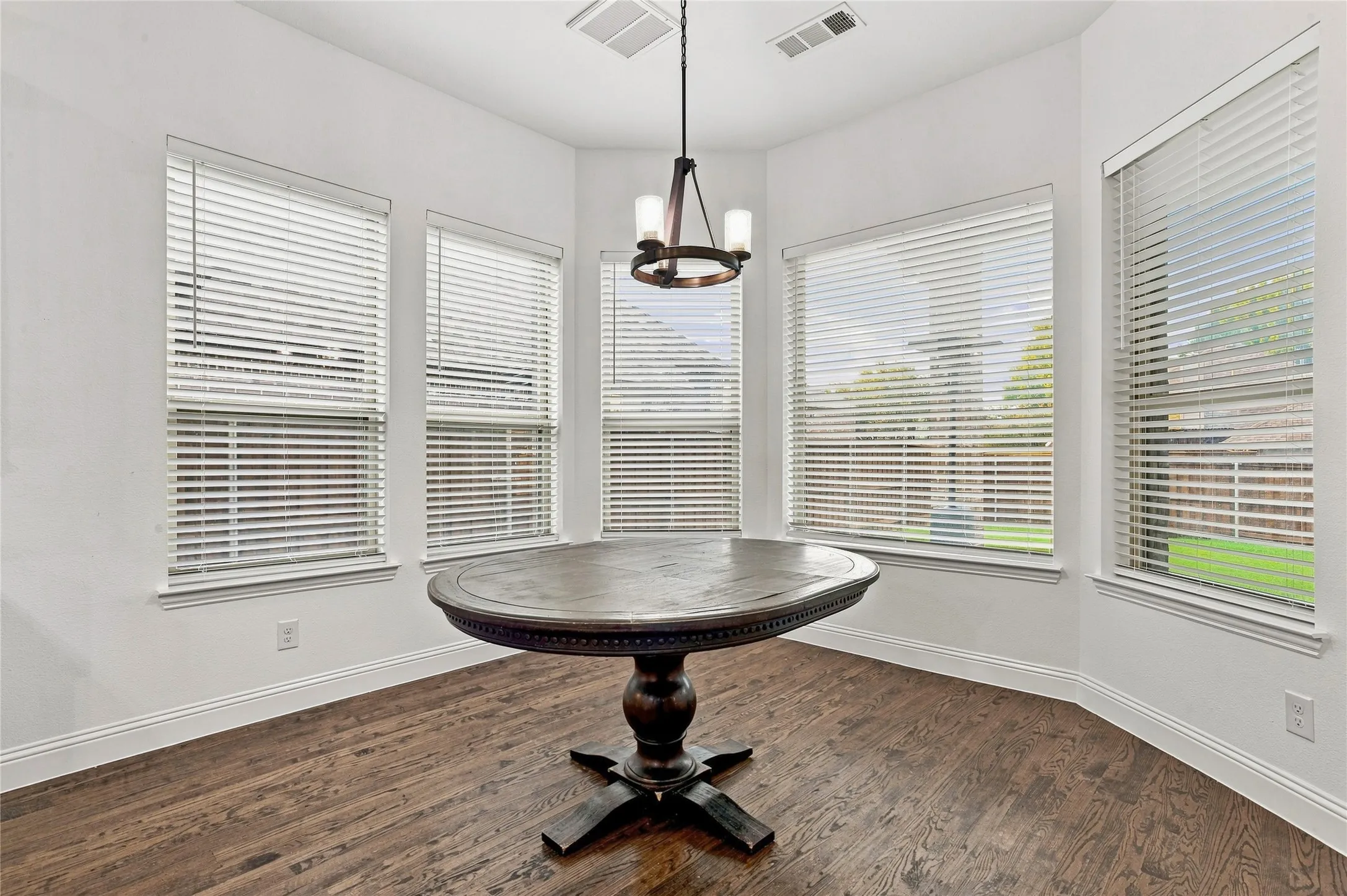 Bay window featuring multiple windows with blinds, wood-finish flooring, and a ceiling-mounted lighting fixture