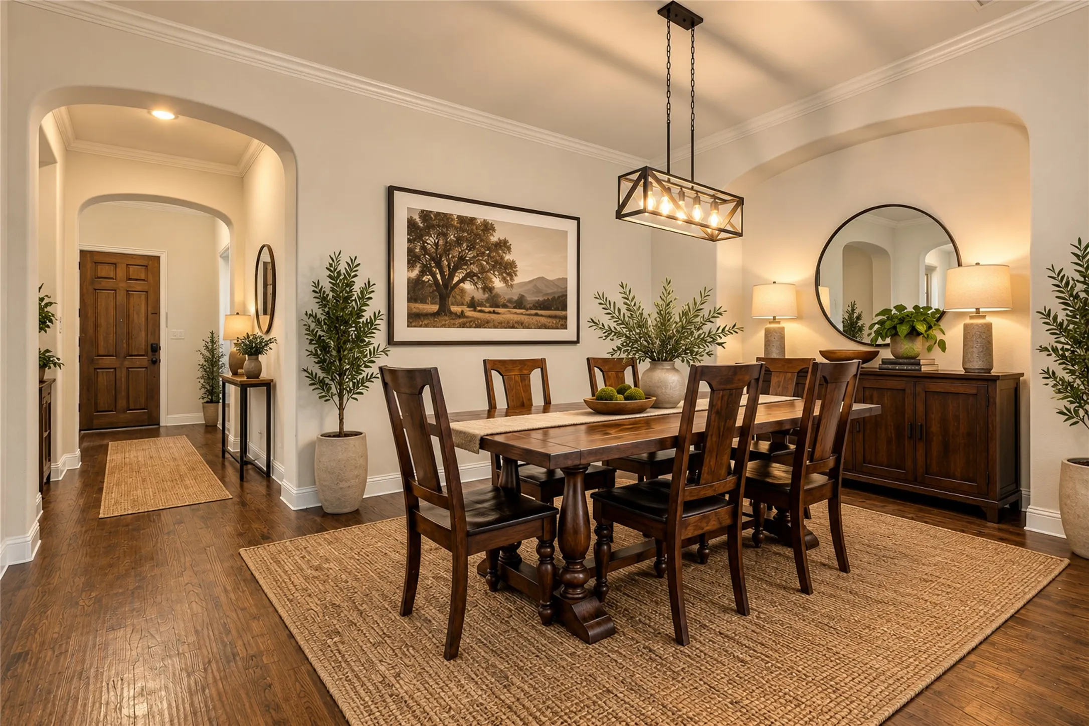 Wood-finish flooring throughout, arched doorways, crown molding, a built-in rectangular chandelier, and a wood-paneled entry door