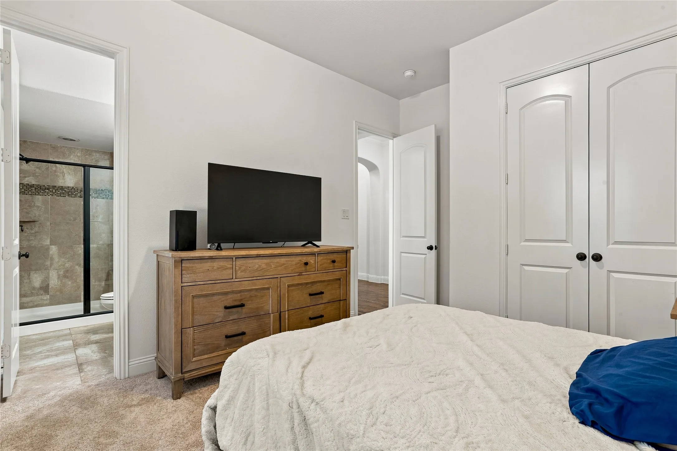 Plush carpet flooring, recessed lighting, and white paneled doors