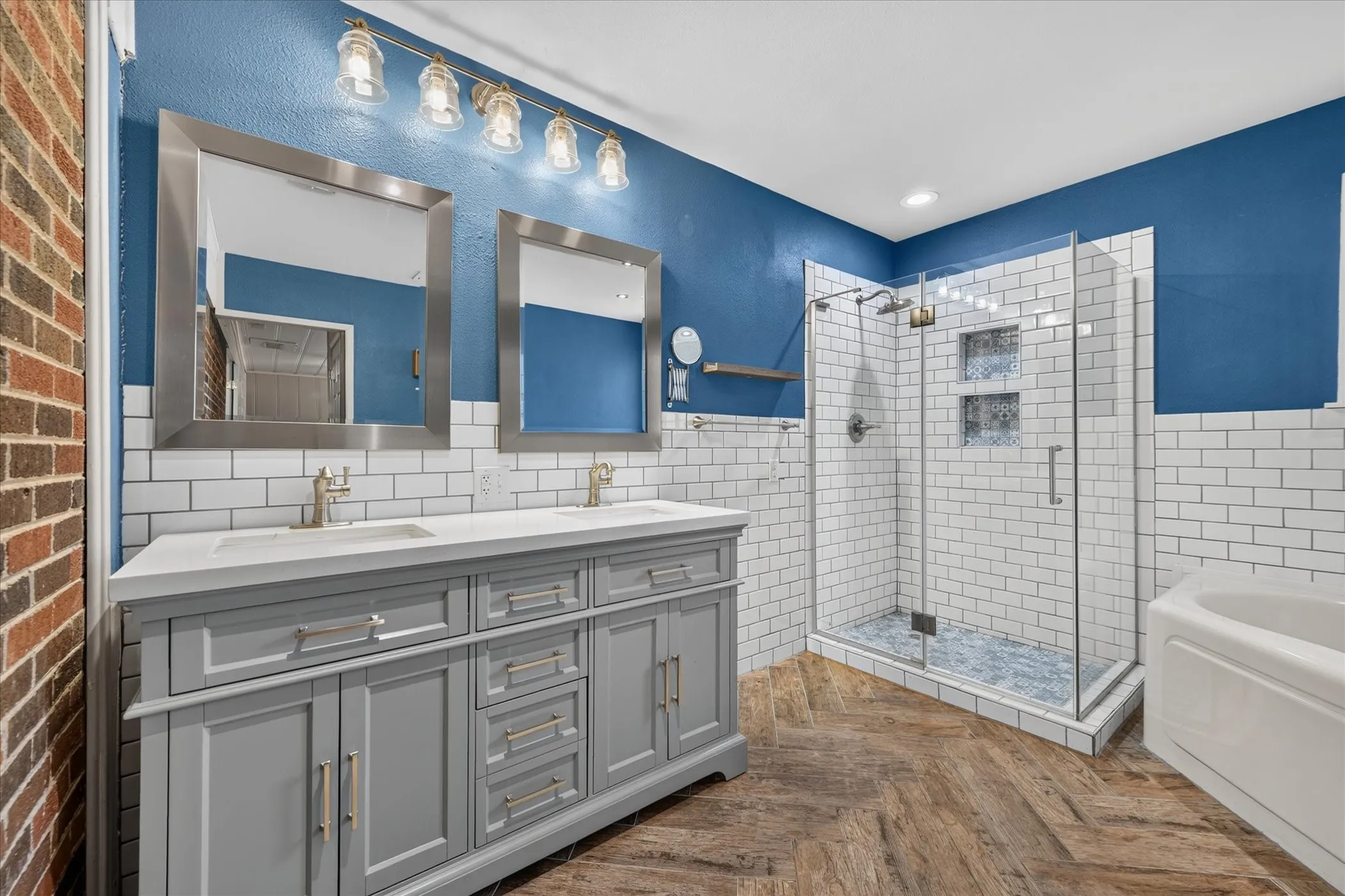 Double vanity with dual rectangular sinks and brushed nickel fixtures