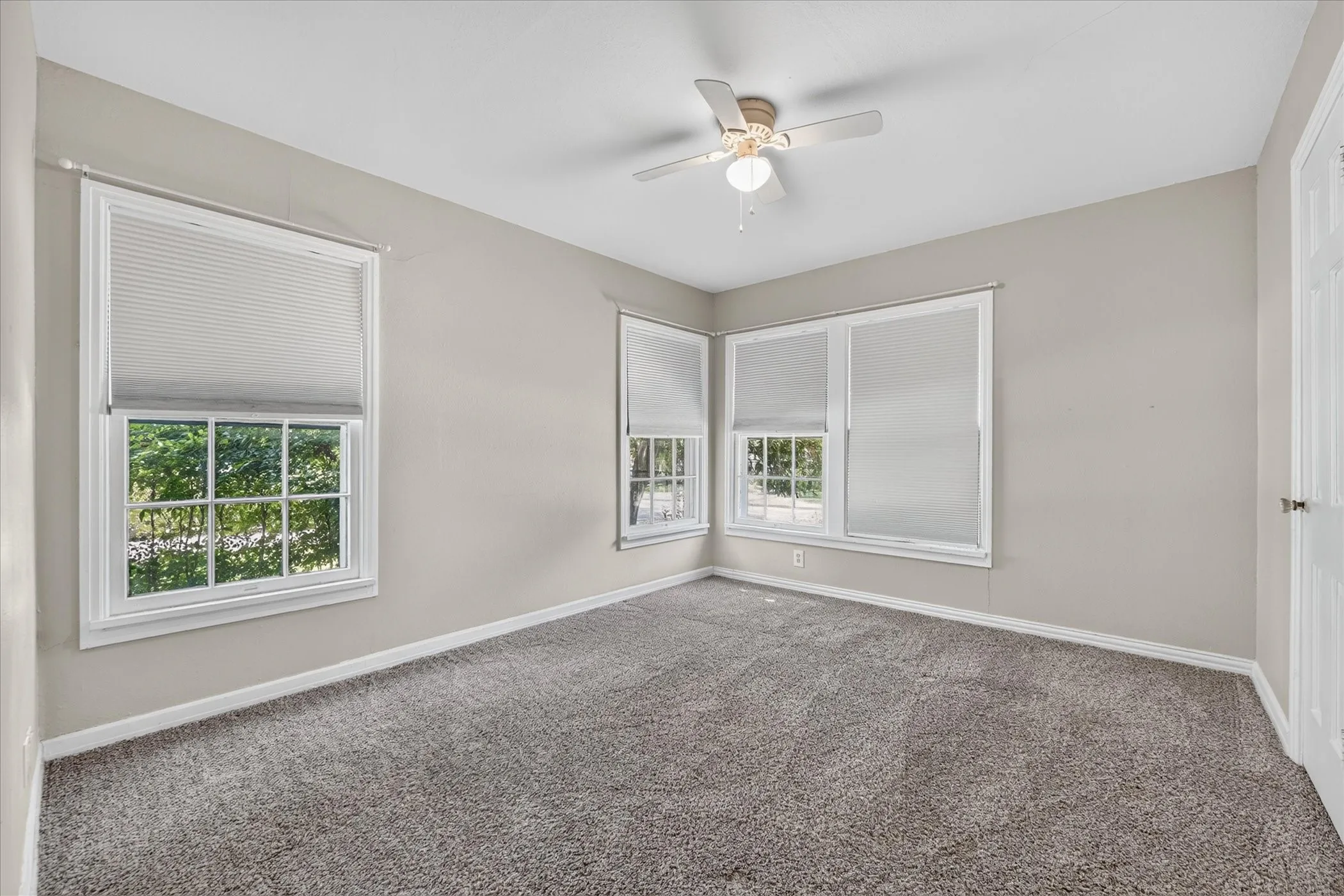 Neutral wall paint, plush carpet flooring, multiple windows, and a ceiling fan