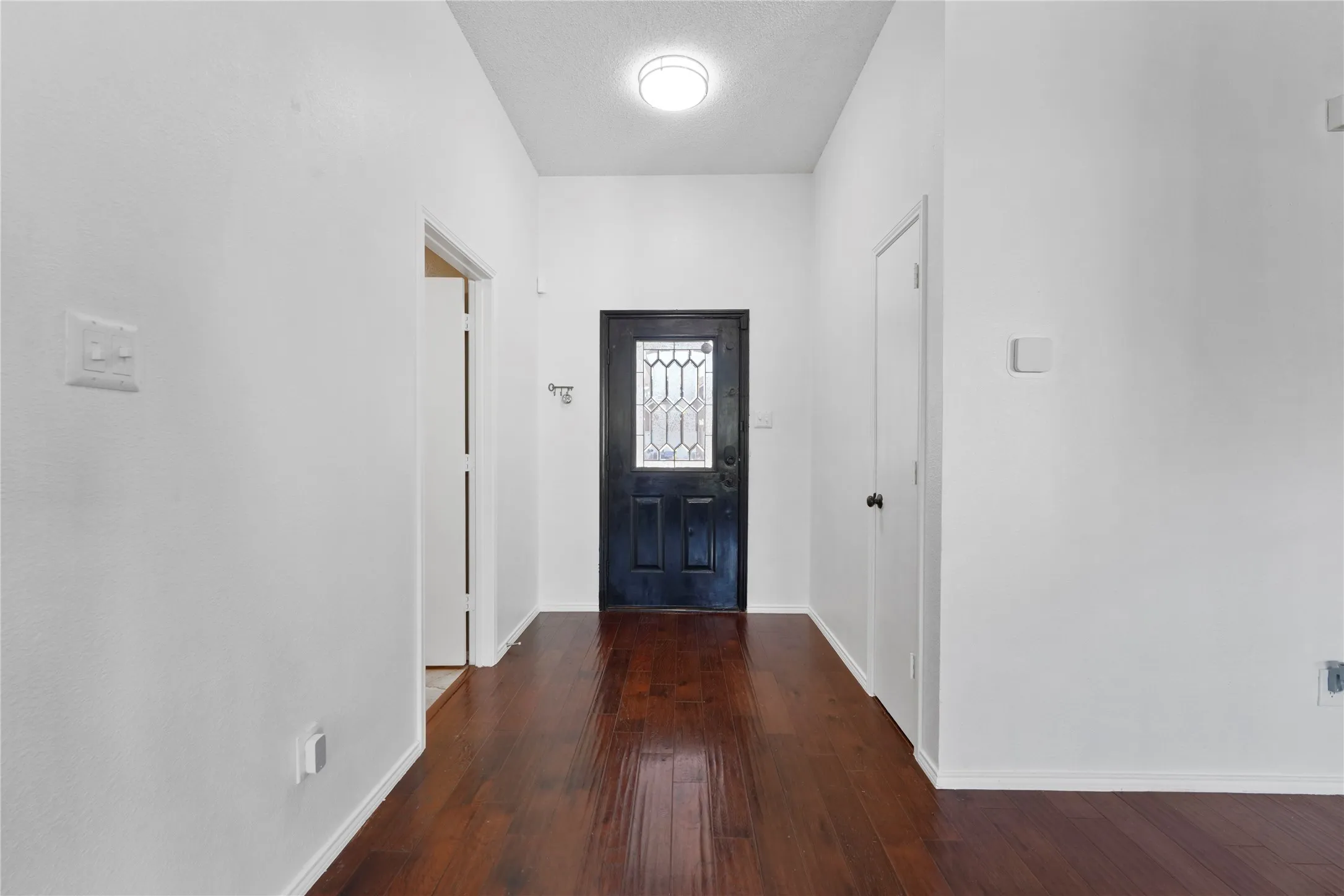 Entryway featuring wood-finish flooring, a dark-paneled door with decorative glass, and a flush-mount ceiling light