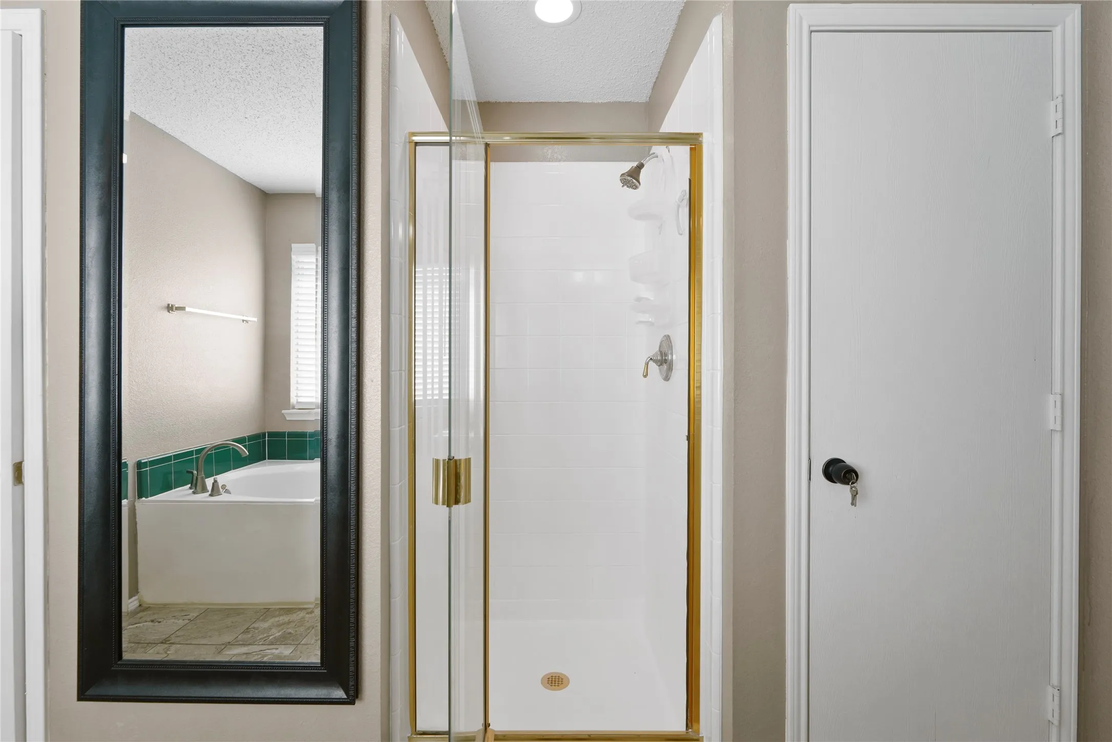 Glass-enclosed shower with gold-tone framing and hardware