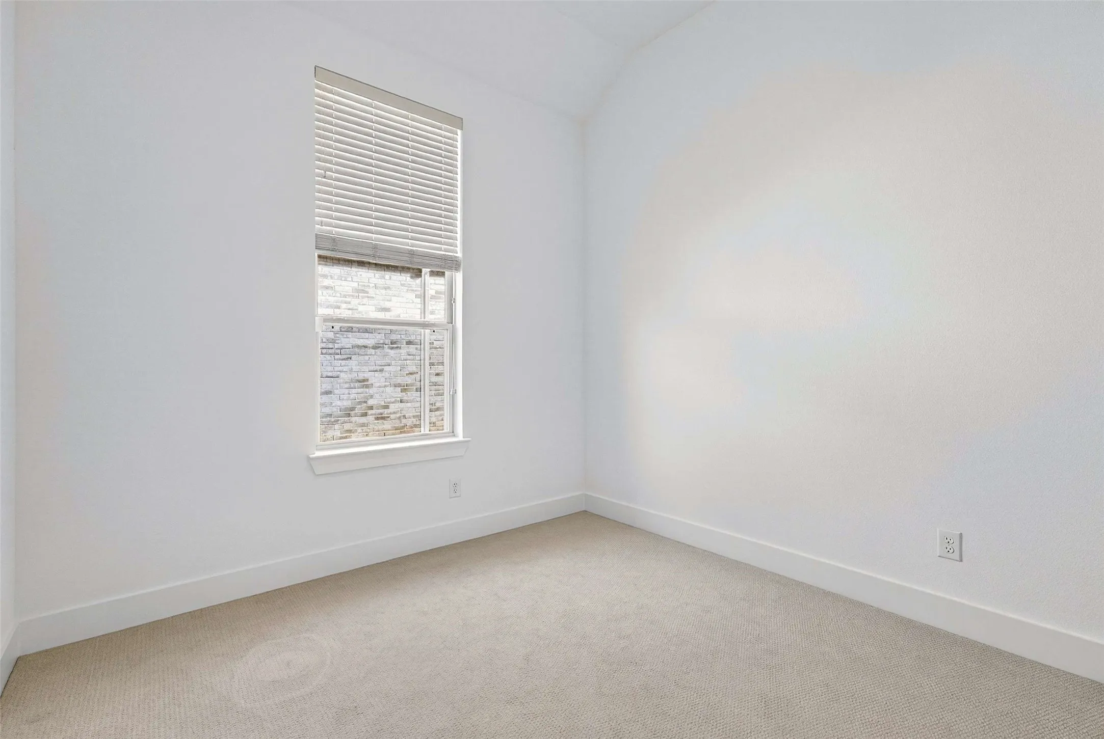 Window with blinds, light-colored carpeting, and white walls