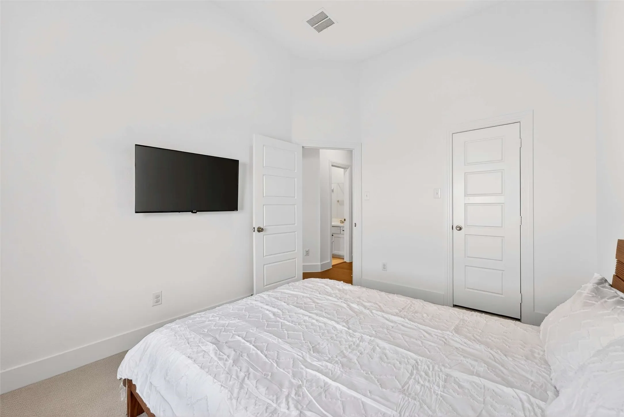Vaulted ceiling with a flush-mount light fixture, a wall-mounted flat screen, and two five-panel doors
