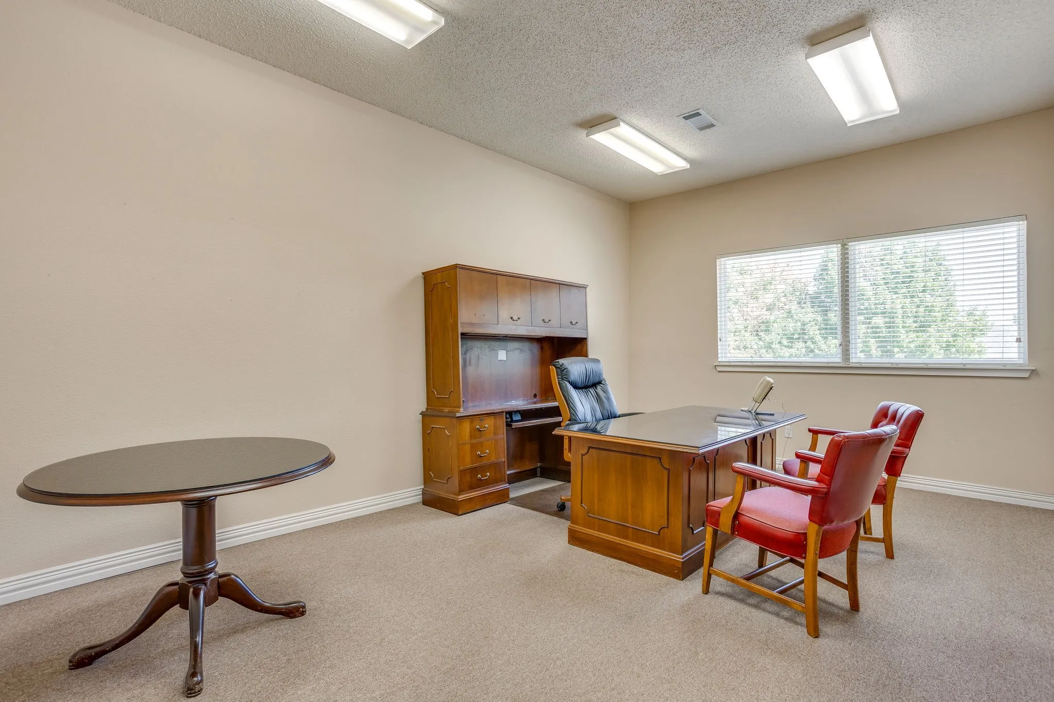 Carpeted flooring, neutral wall paint, overhead lighting, and window with blinds