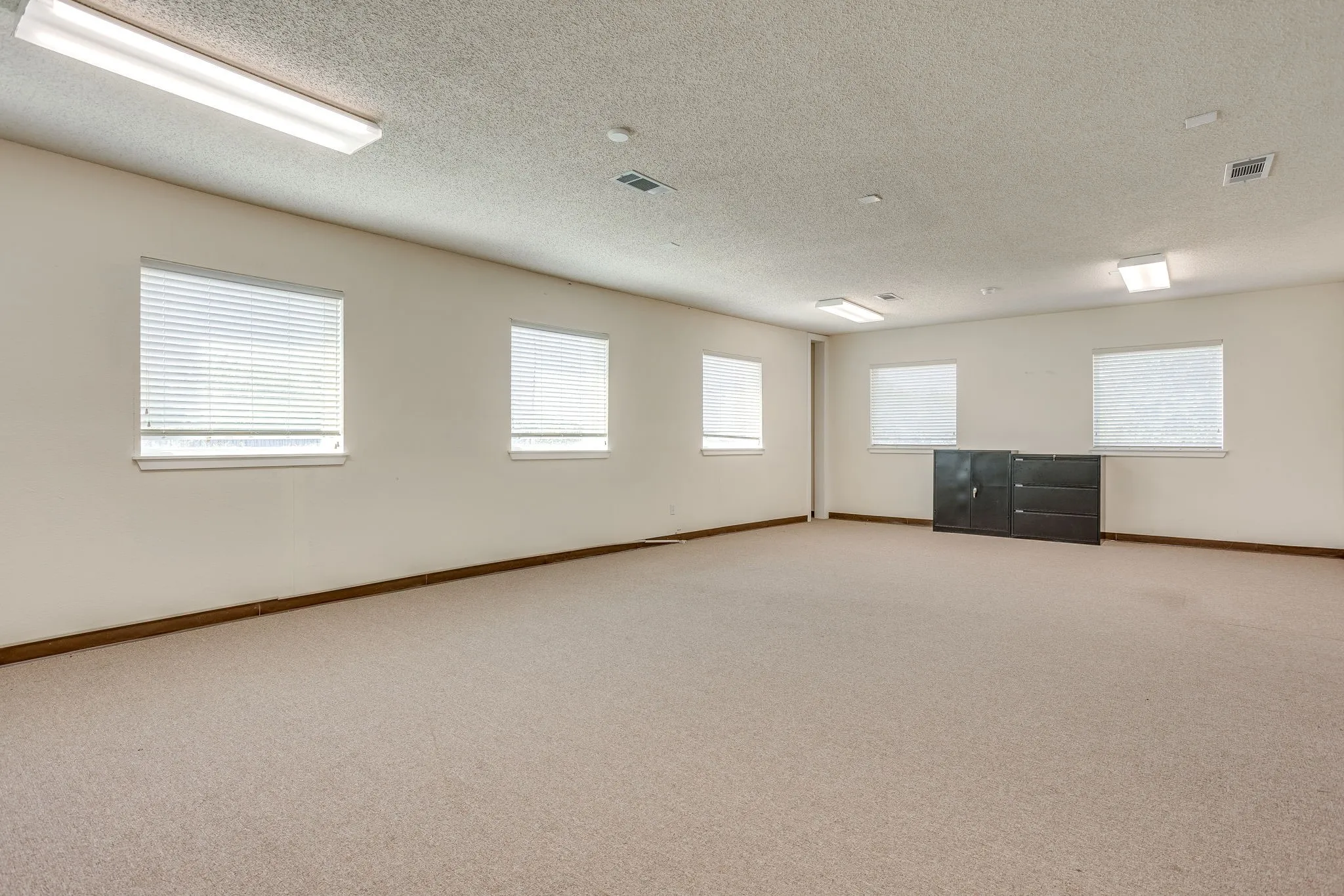 Spacious room with multiple windows, neutral carpet flooring, and recessed lighting
