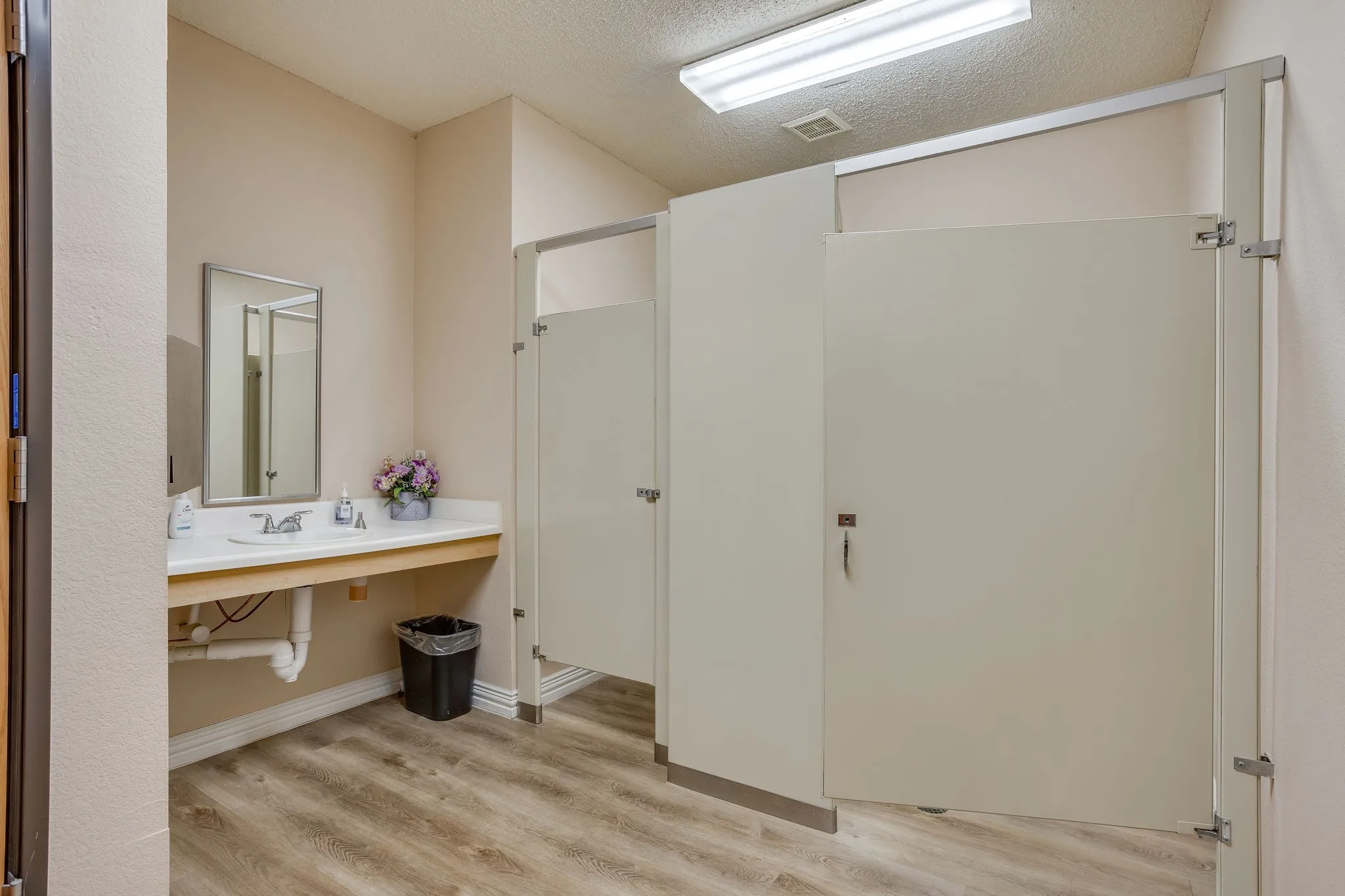 Restroom featuring wood-finish flooring, a white vanity with an integrated sink, a rectangular framed mirror, and partition stalls