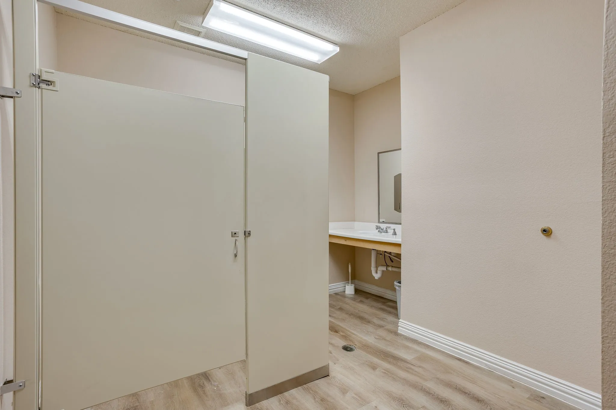 Restroom featuring wood-finish flooring, a vanity with a drop-in sink, and a wall-mounted mirror