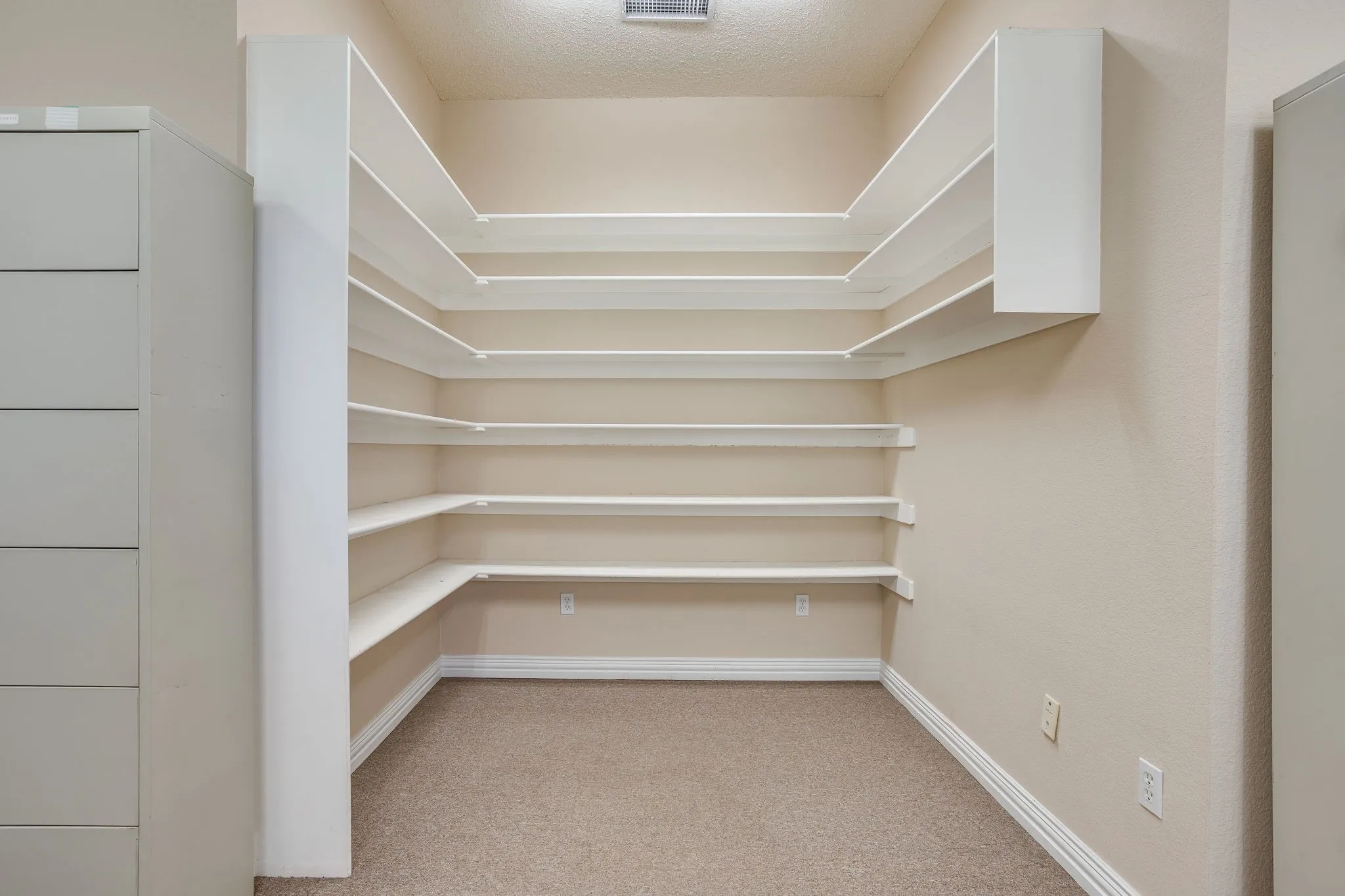 Wall-to-wall shelving with multiple tiers, built-in cabinetry, and carpet flooring