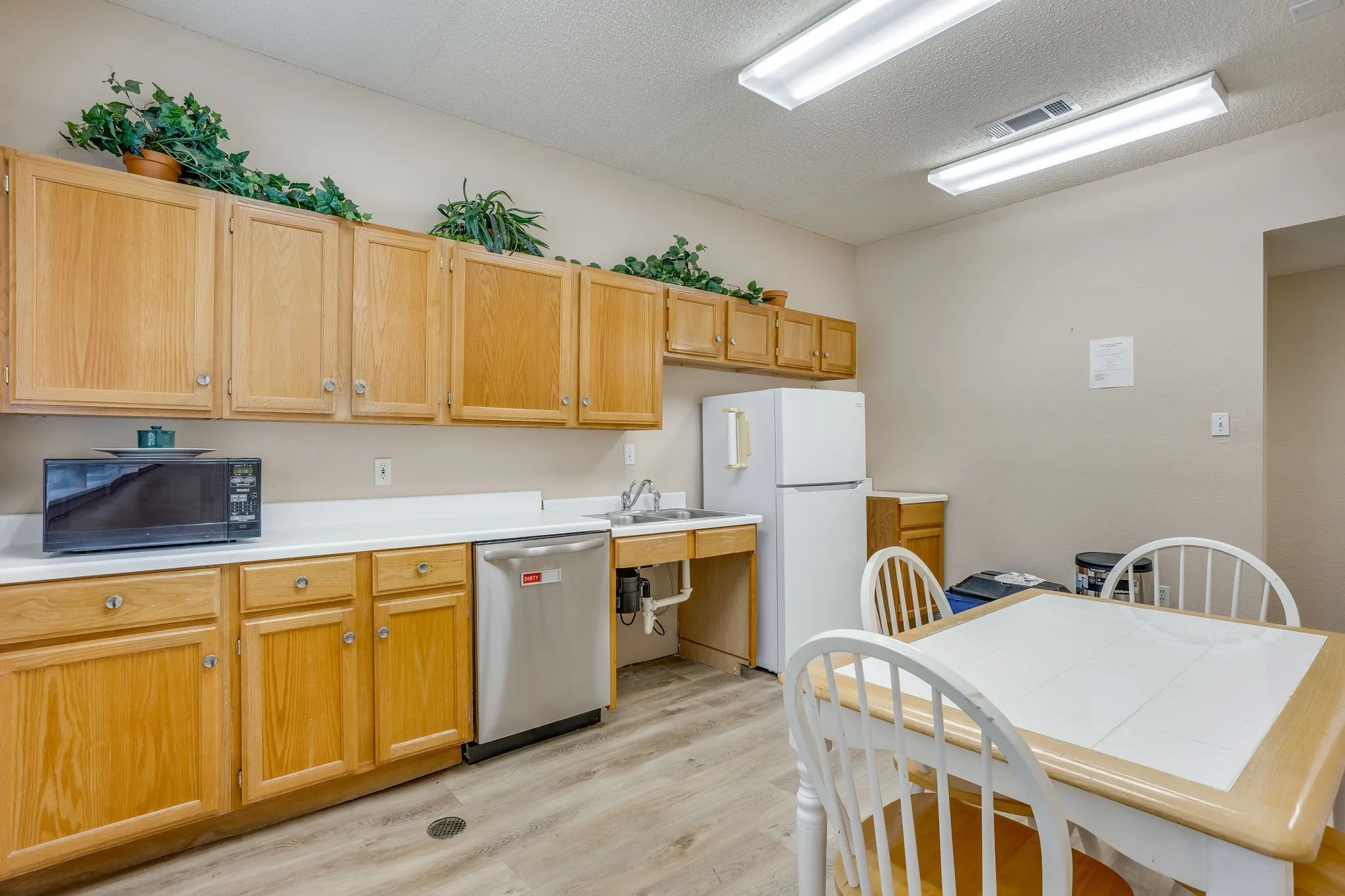 Wood-finish flooring, ample cabinetry, white countertops, built-in dishwasher, and a stainless steel sink