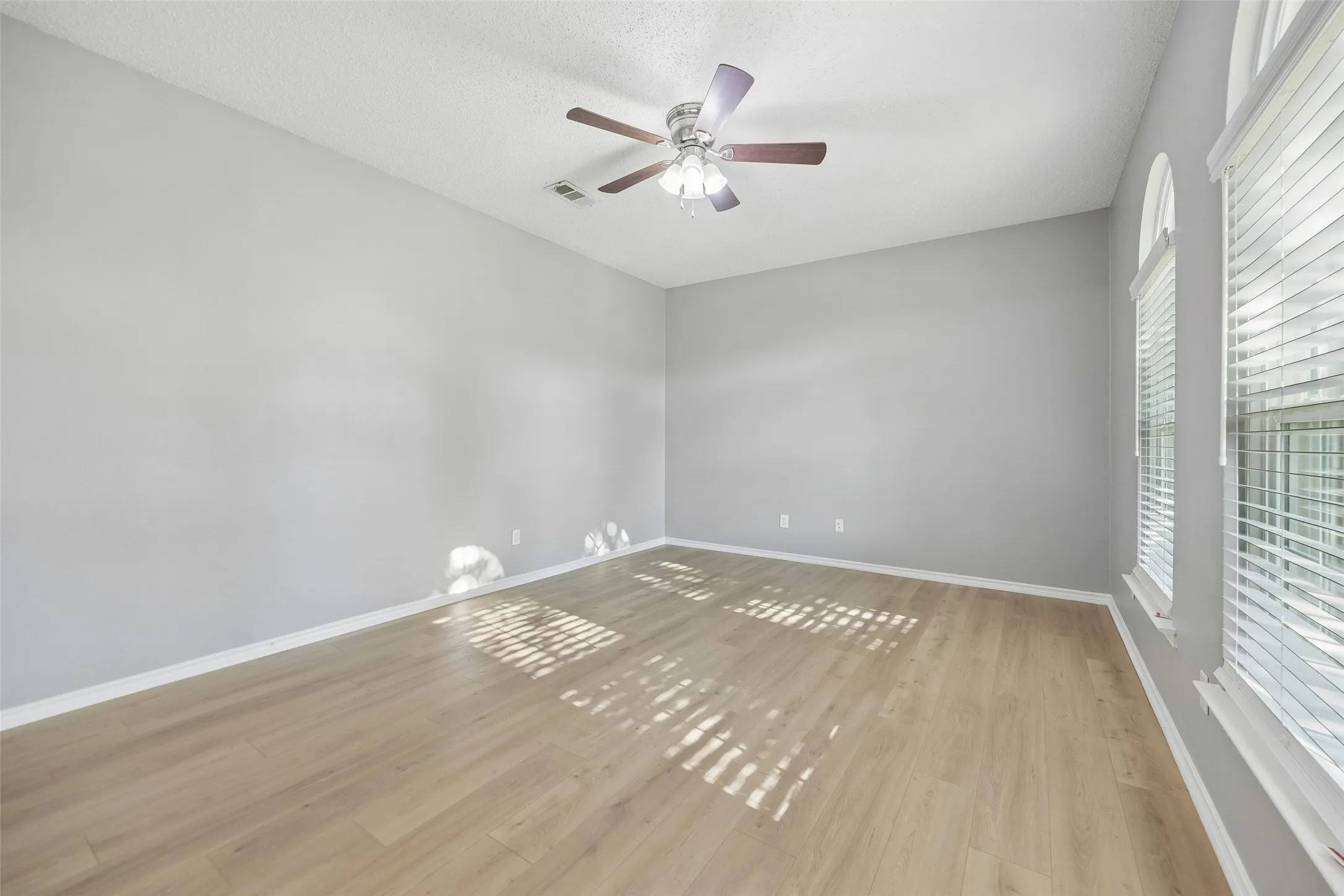 Vaulted ceiling, wood-finish flooring, ceiling fan, multiple windows with blinds, arched transom window