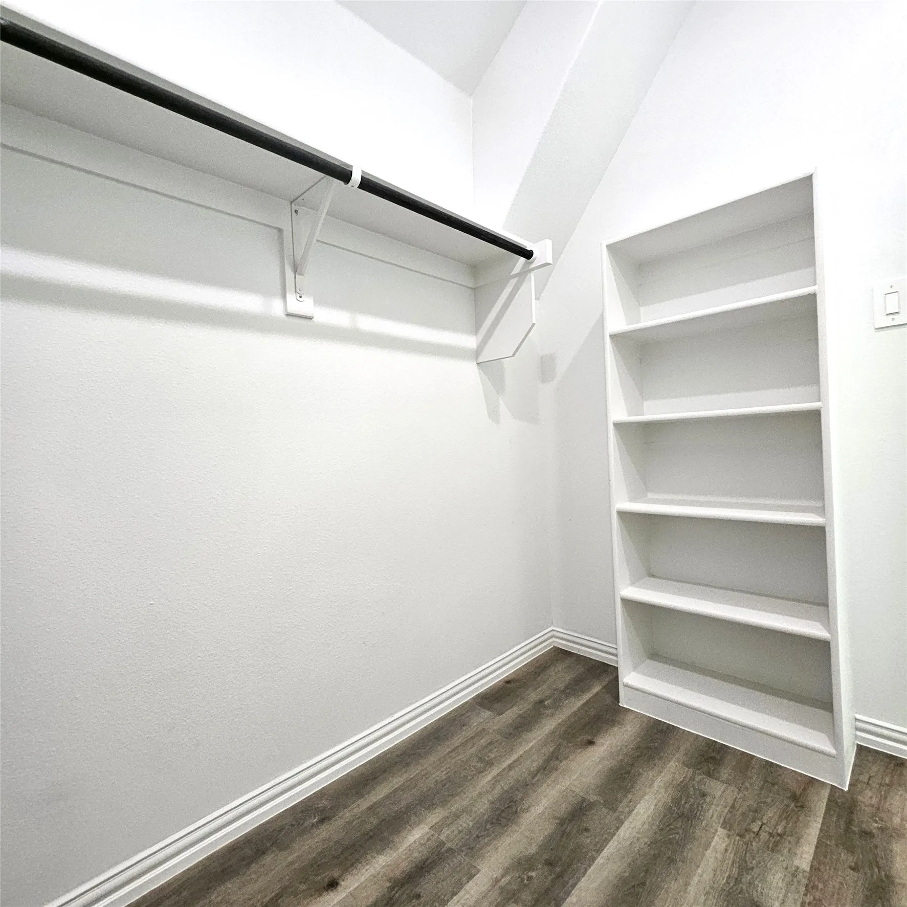 Built-in shelving, wood-finish flooring, and a clothing rod