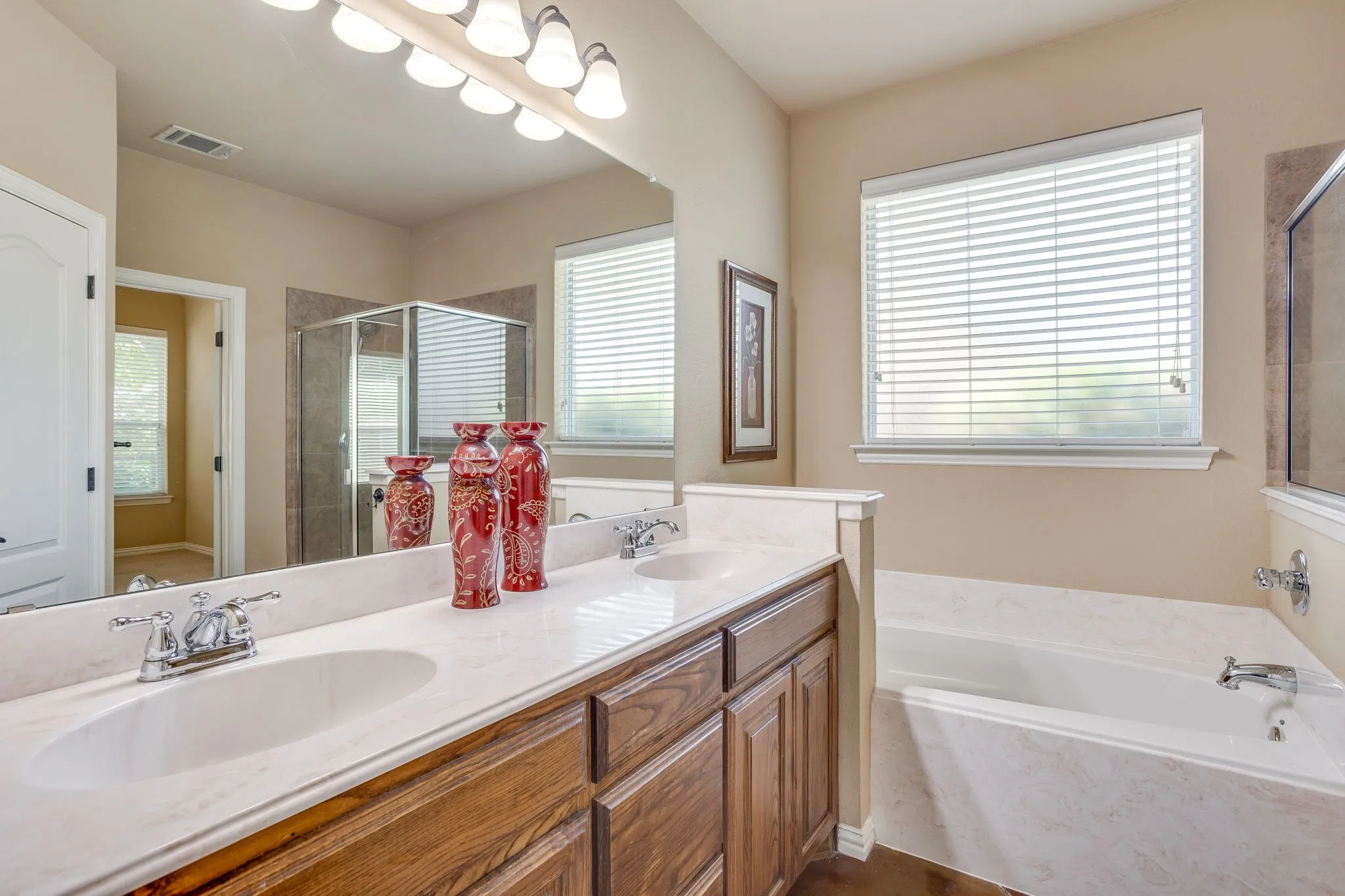 Dual sinks, natural light and ample storage.
