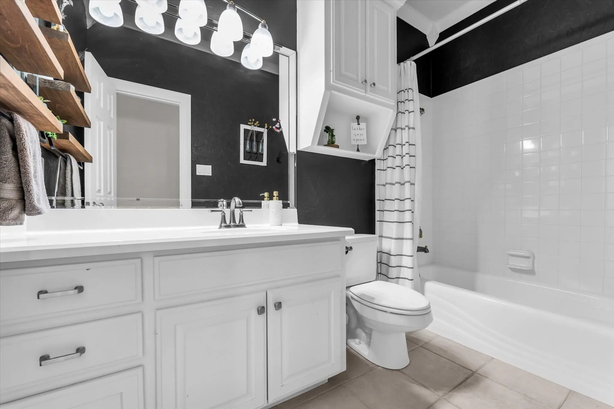 White vanity with under-sink storage, a single basin, and a chrome faucet