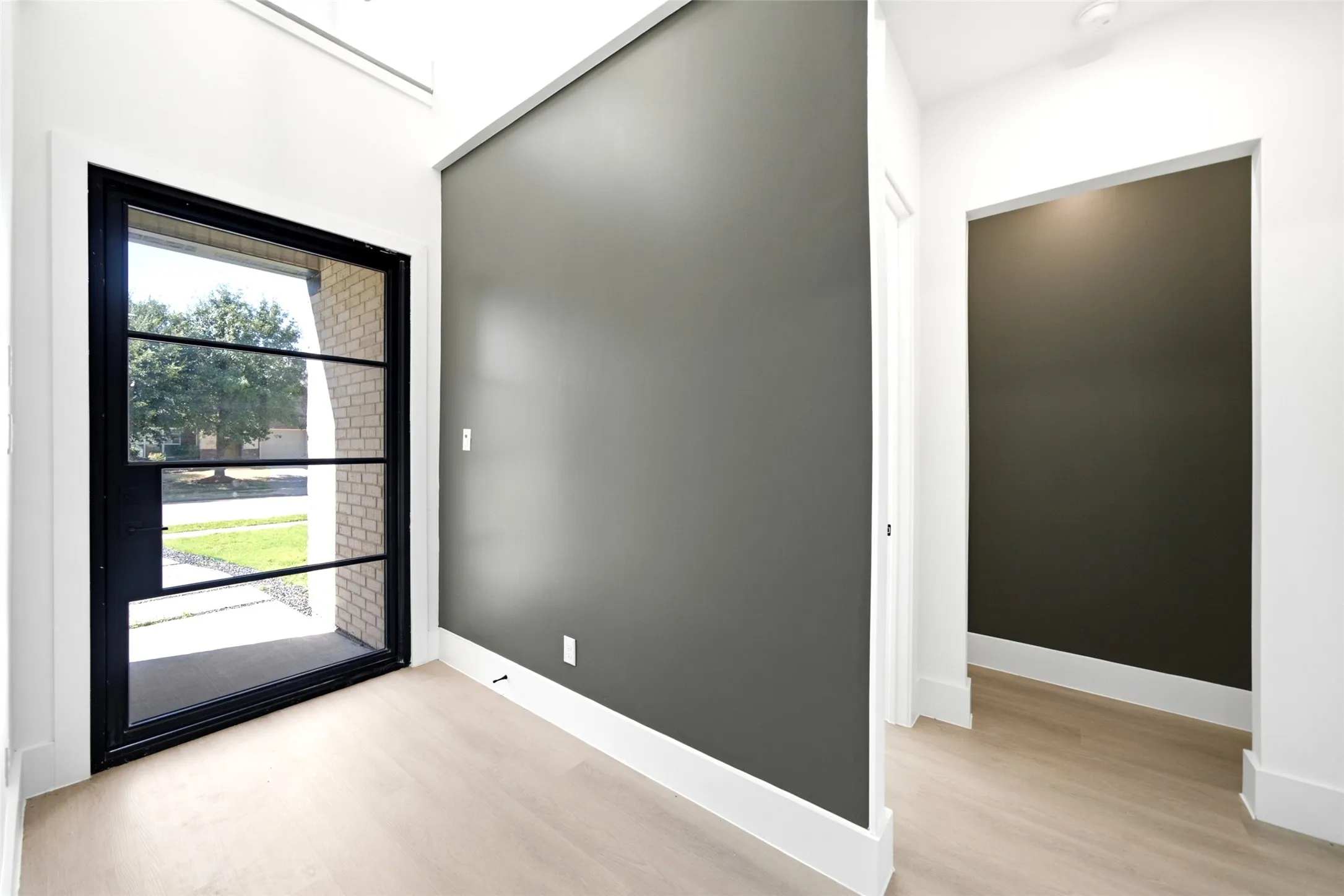 Modern entry featuring a full-light door with black framing, wood-finish flooring, and white trim