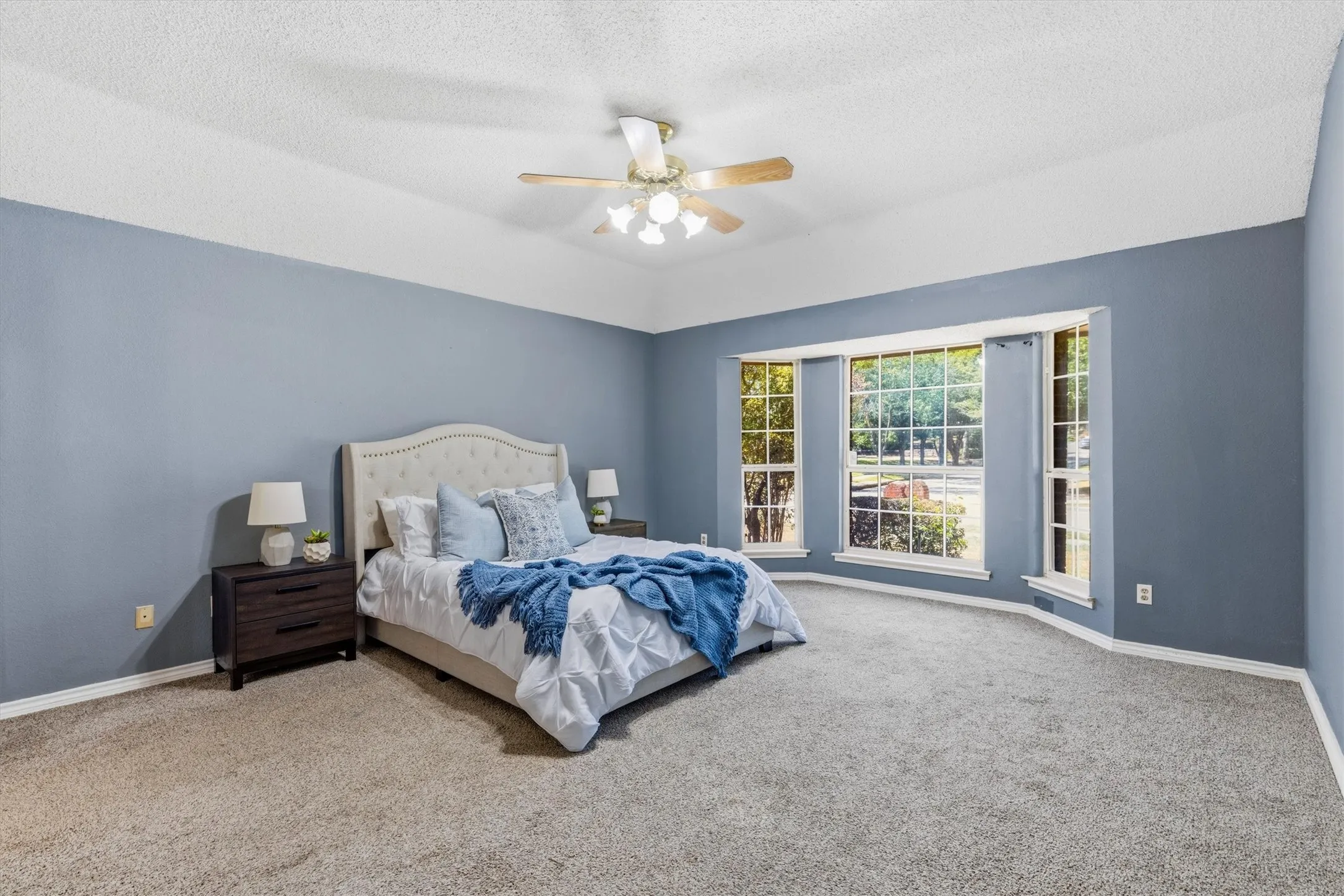 Carpeted flooring with a tray ceiling and a ceiling fan