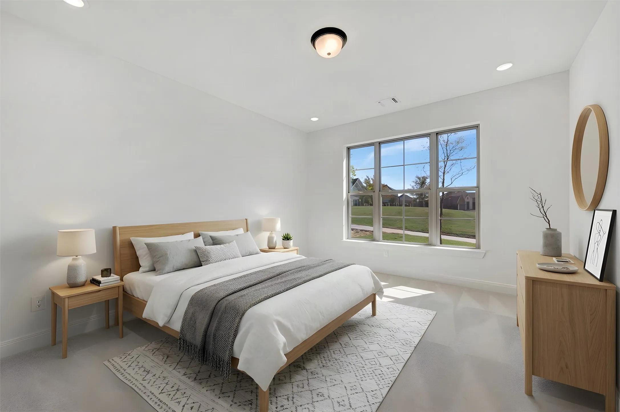 Recessed lighting, large multi-pane window, flush-mount ceiling light, light-toned flooring, white wall finishes