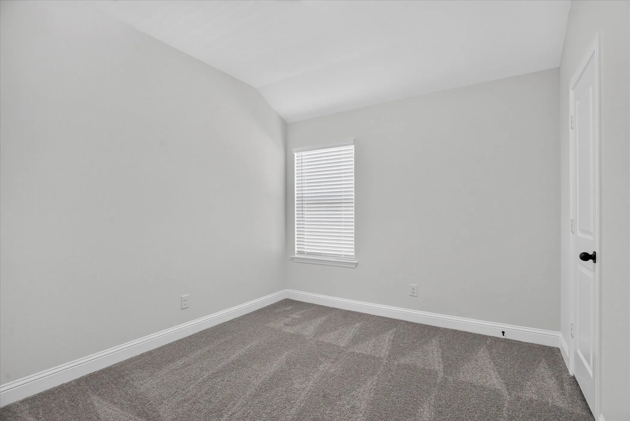 Light gray wall paint, gray patterned carpeting, white trim, and a white interior door