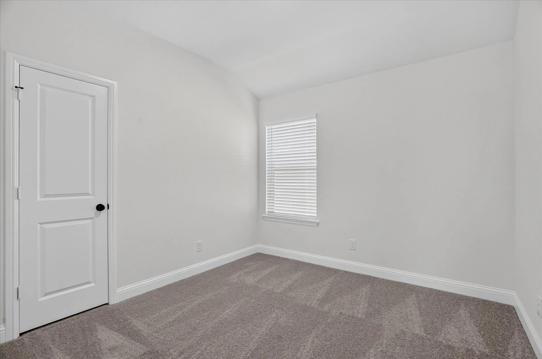 Neutral wall paint, window with horizontal blinds, carpeted flooring, and a paneled door with dark hardware