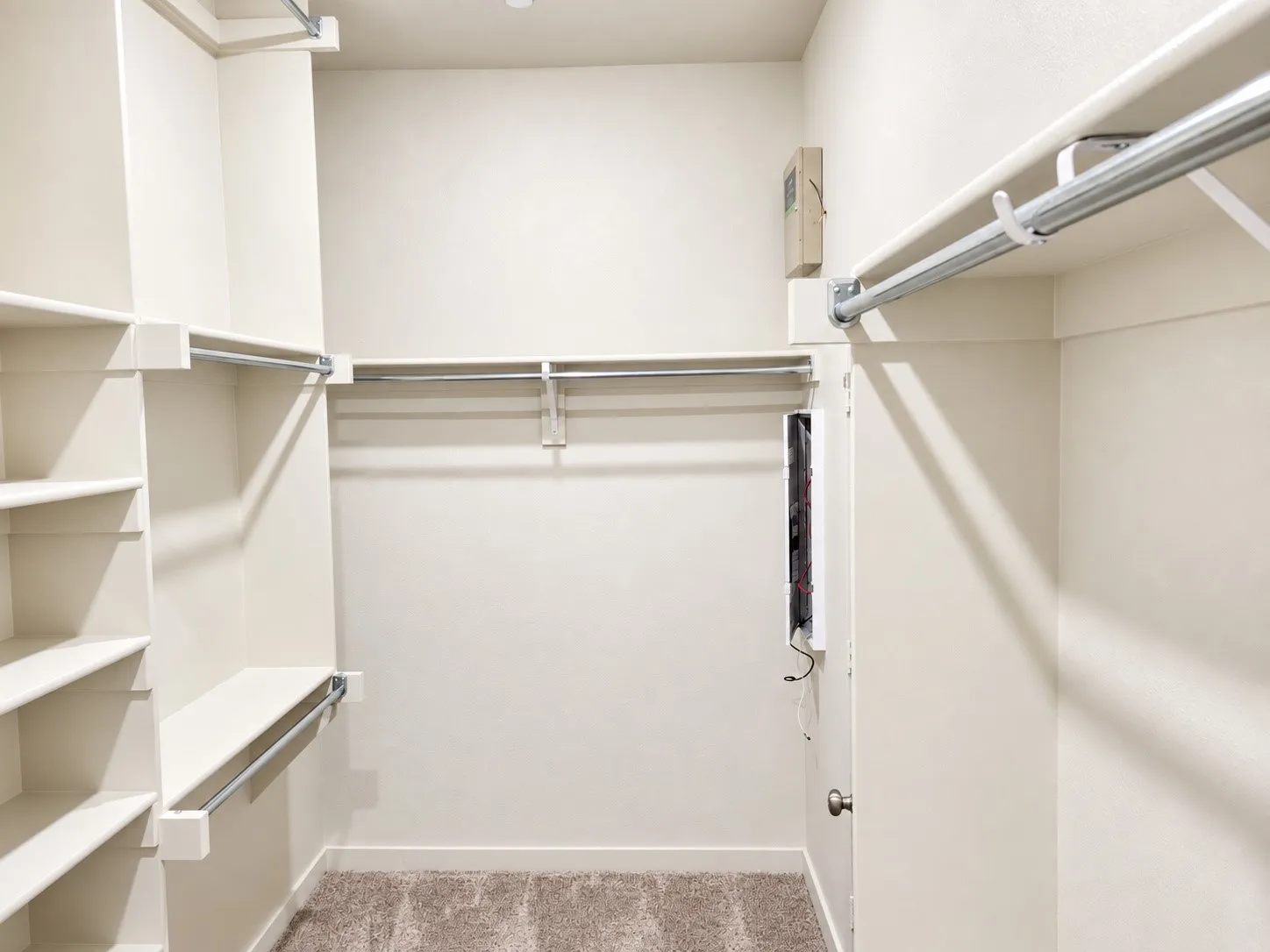 Walk-in closet featuring extensive shelving, multiple hanging rods, and neutral-toned carpeting