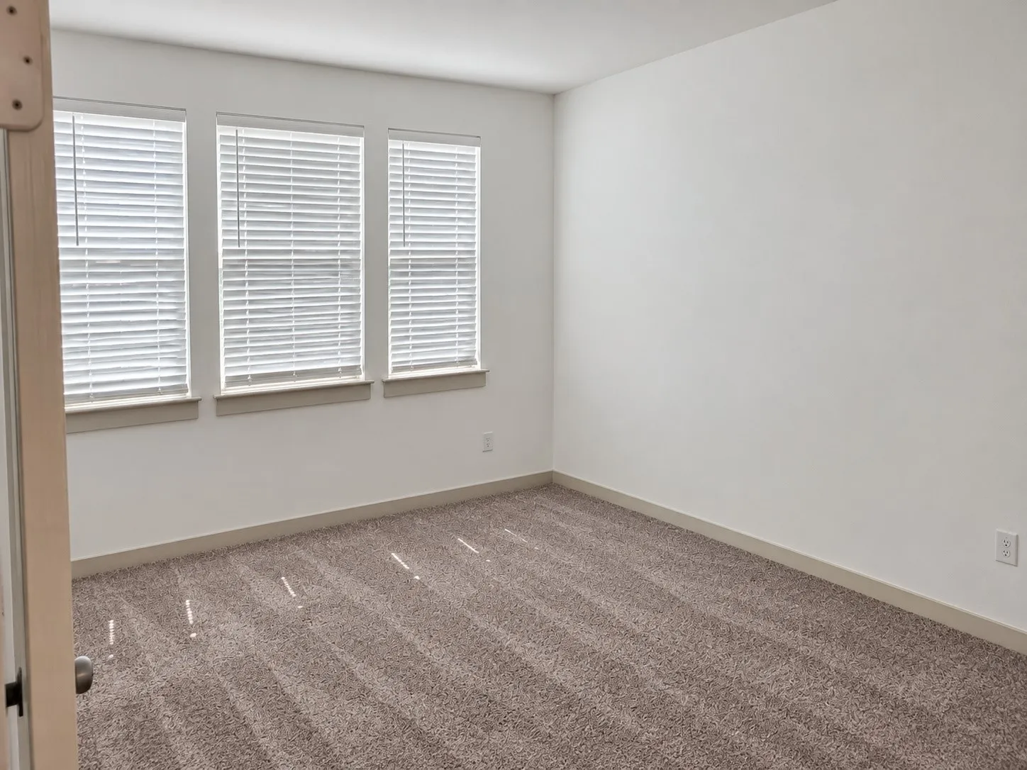 Three windows with blinds, neutral wall paint, and patterned carpeting