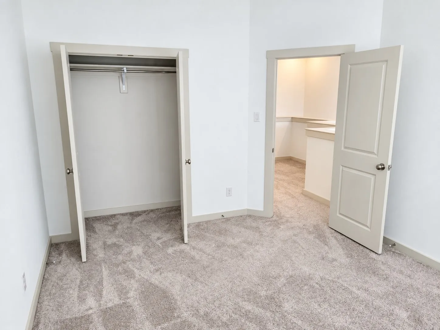 Plush carpet flooring, neutral paint palette, and a built-in closet with hanging rod