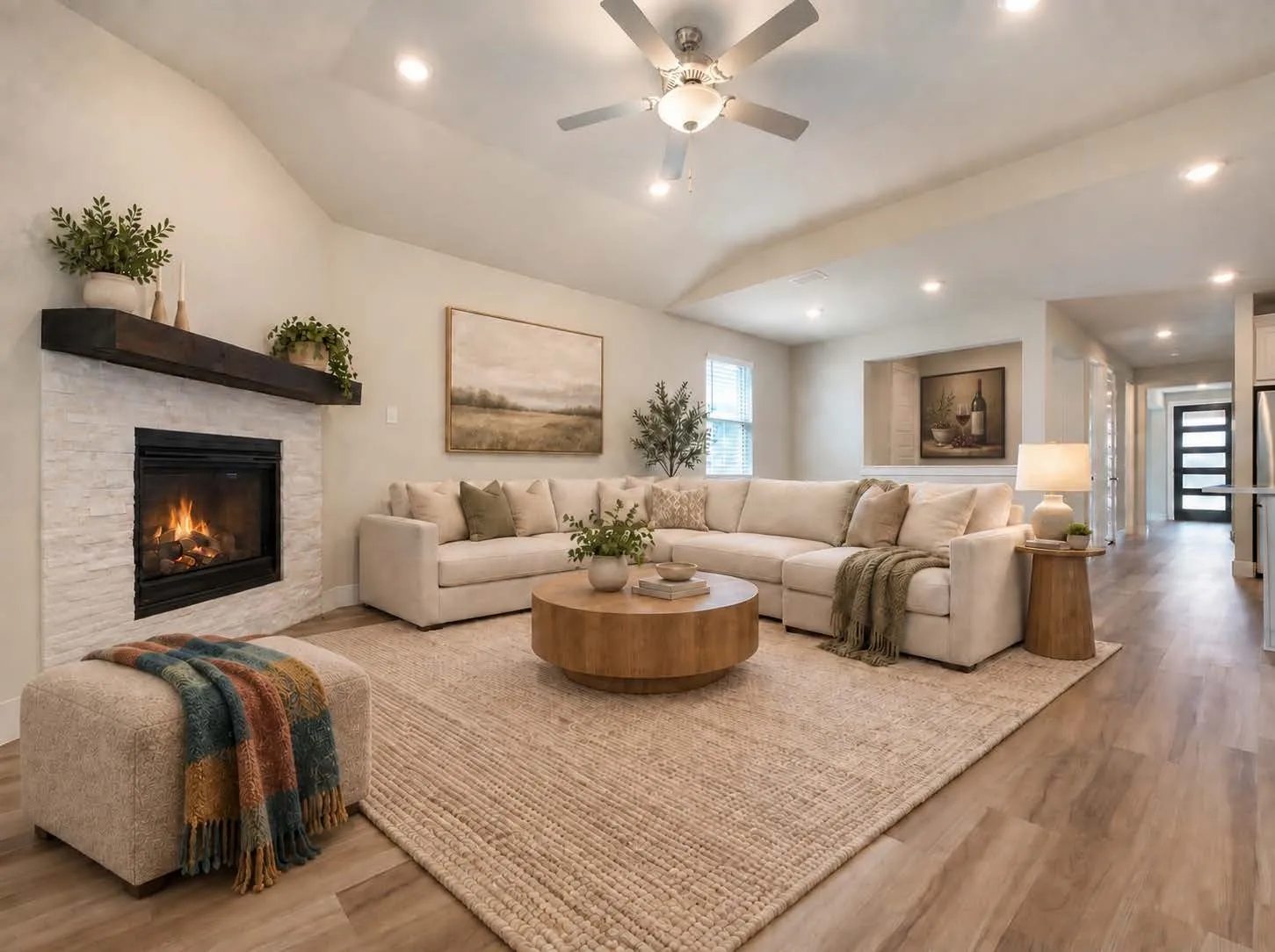 Virtually staged by AI. Living Room with recessed lighting and a ceiling fan