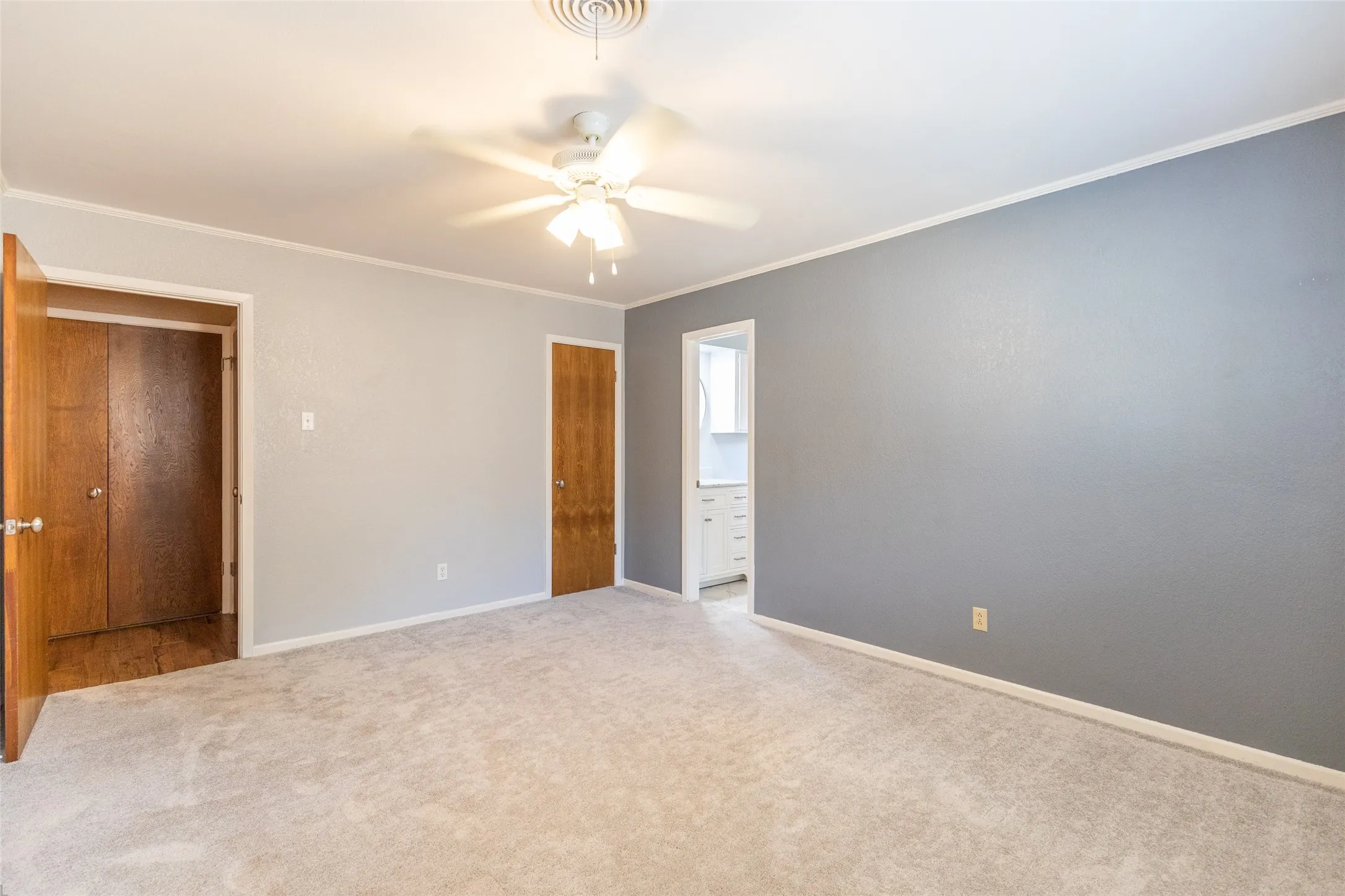 Plush carpeting, wood-finish doors, ceiling fan, and painted walls
