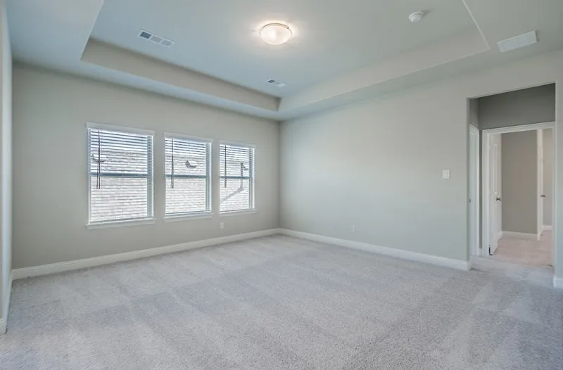 Neutral-toned carpeting with light gray wall paint, tray ceiling with recessed lighting, and three windows featuring blinds